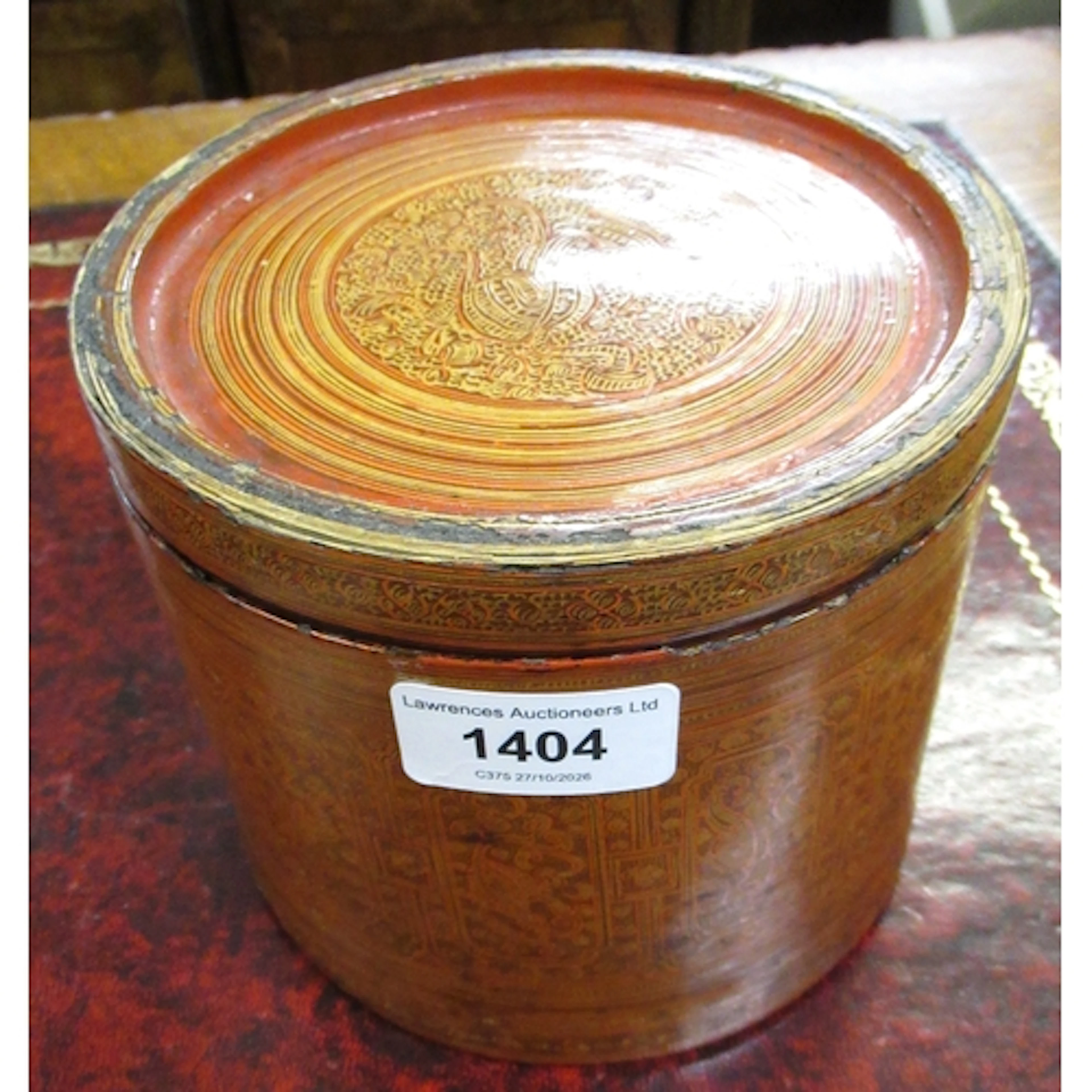 Kashmiri cylindrical lacquer box, having three inner trays, ...