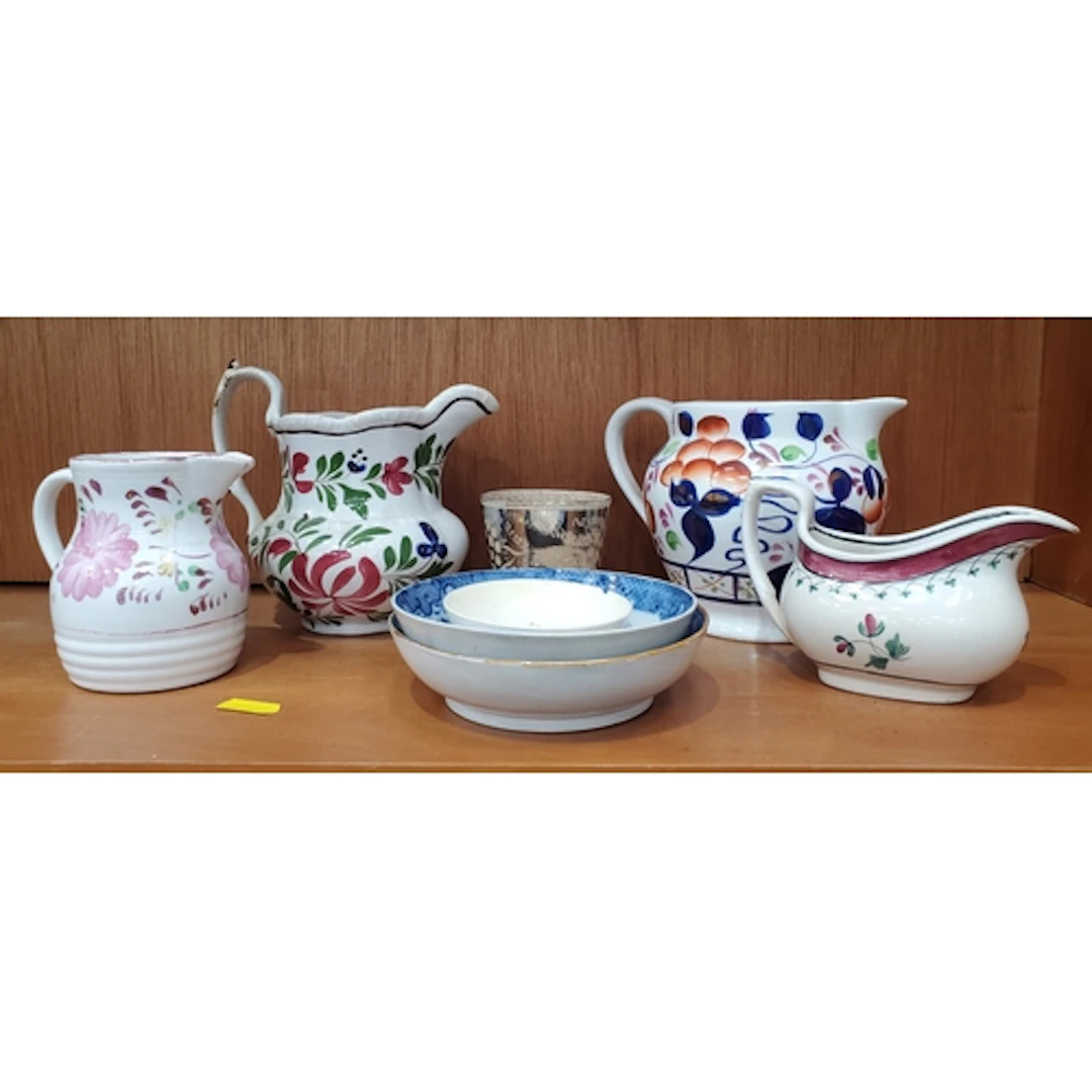 Four various Lustre Jugs, a silver lustre Beaker, creamware ...