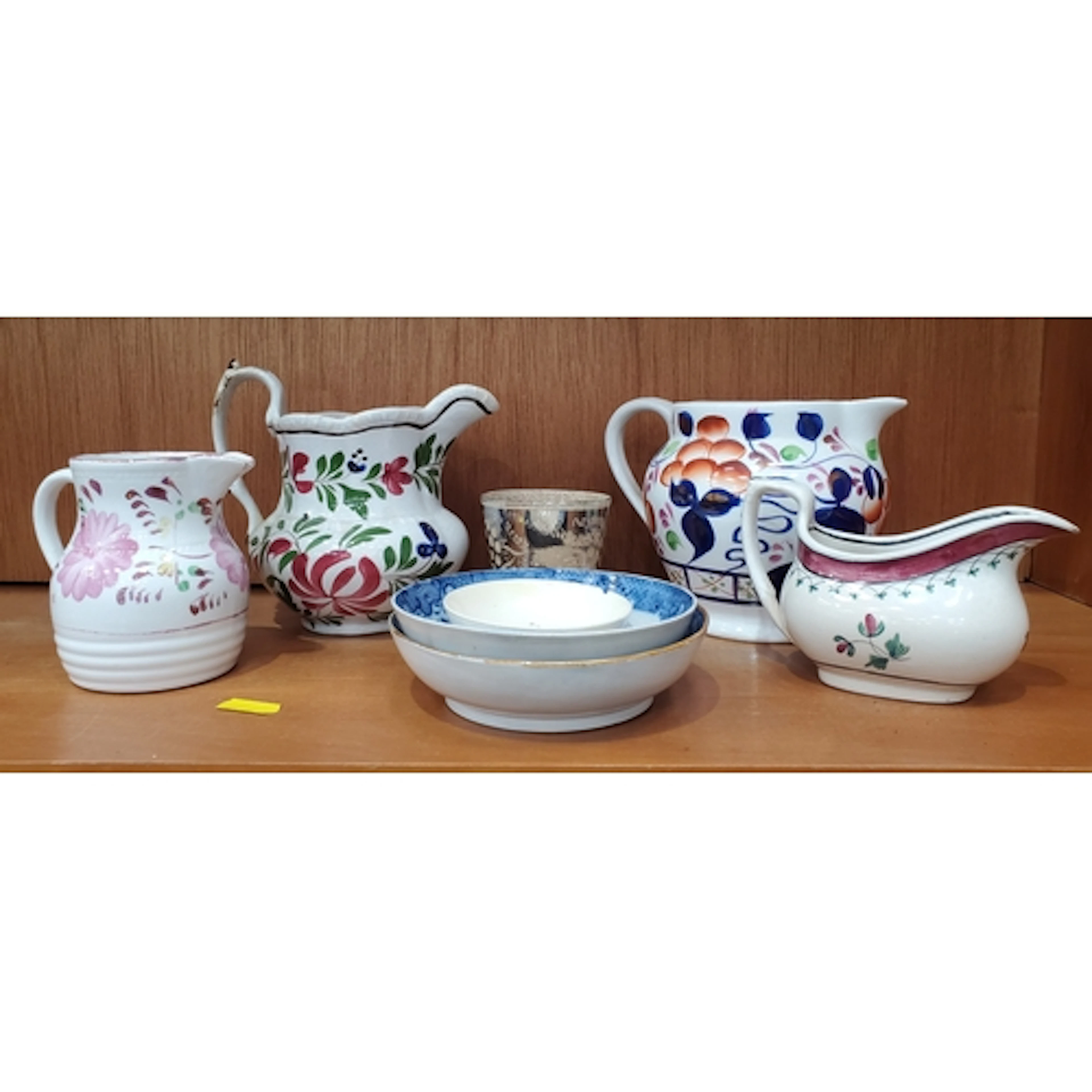 Four various Lustre Jugs, a silver lustre Beaker, creamware ...