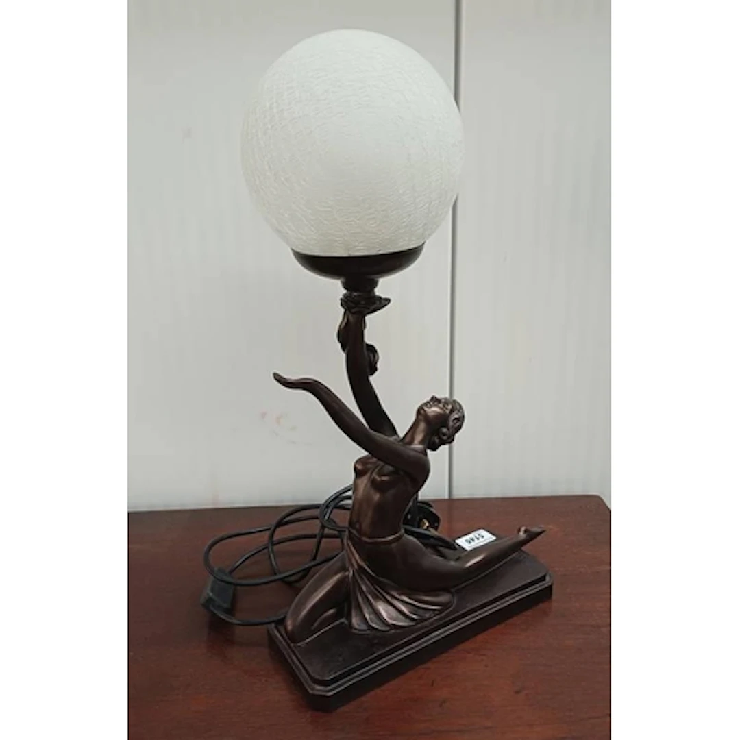 ART DECO STYLE BRONZE EFFECT COMPOSITE TABLE LAMP WITH GLASS...