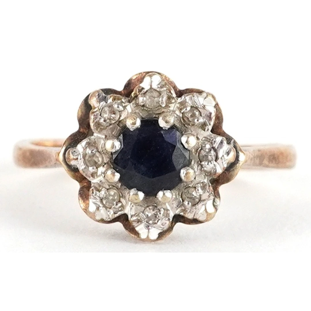9ct gold diamond and sapphire flower head ring, size L/M, 2....