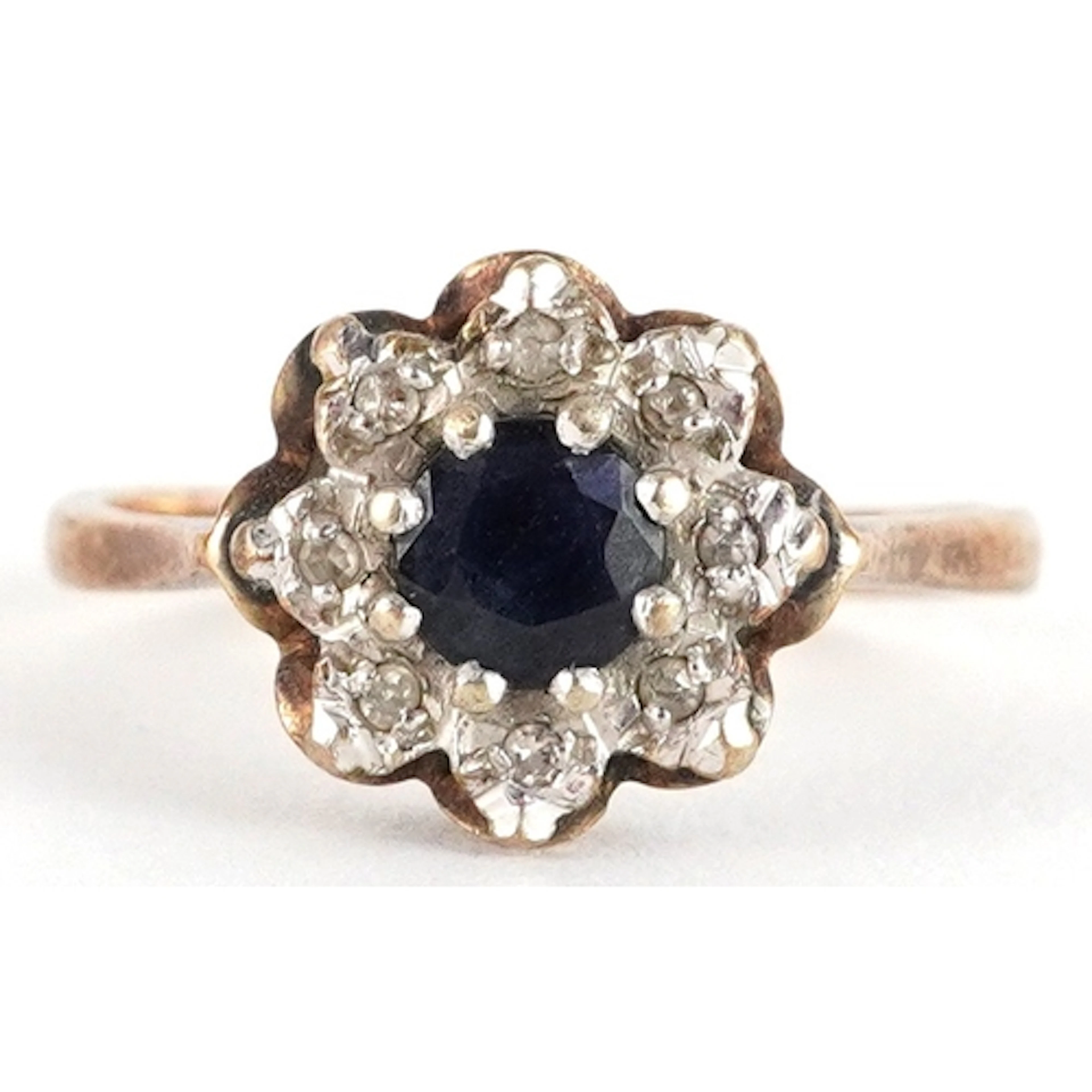 9ct gold diamond and sapphire flower head ring, size L/M, 2....