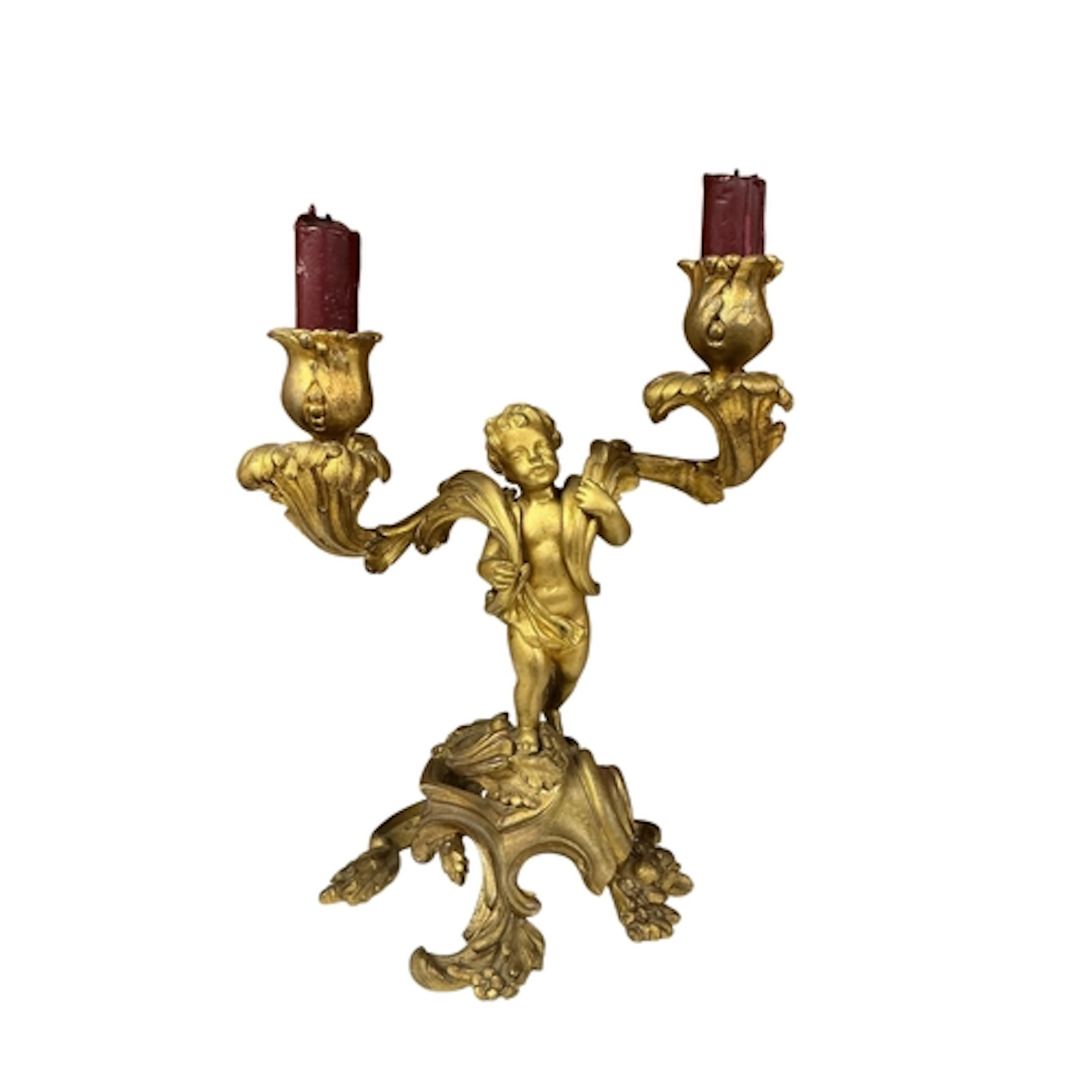 A Rococo style ormolu twin branch cherub candelabra, height ...