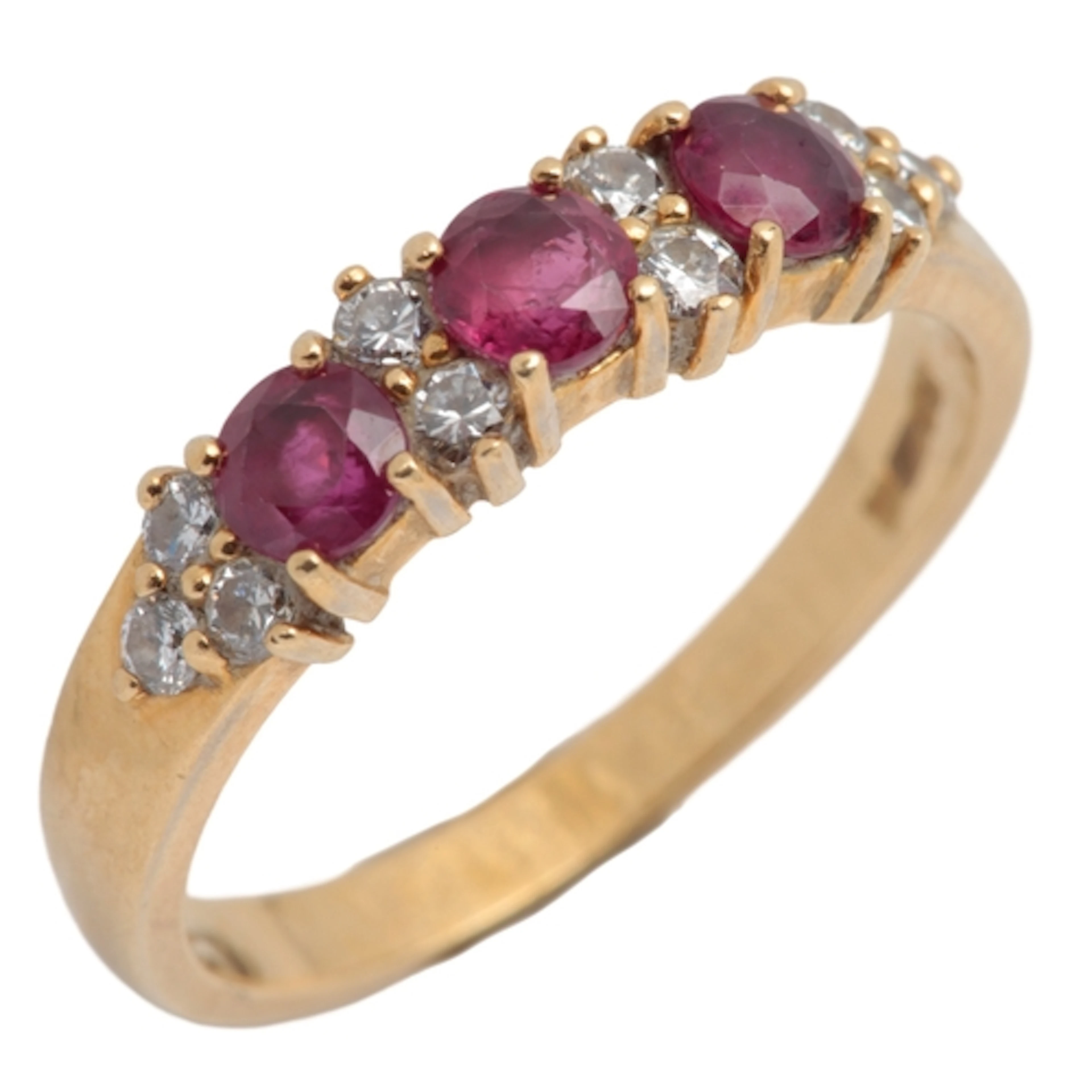 A ruby and diamond half hoop ring, set to the front with thr...
