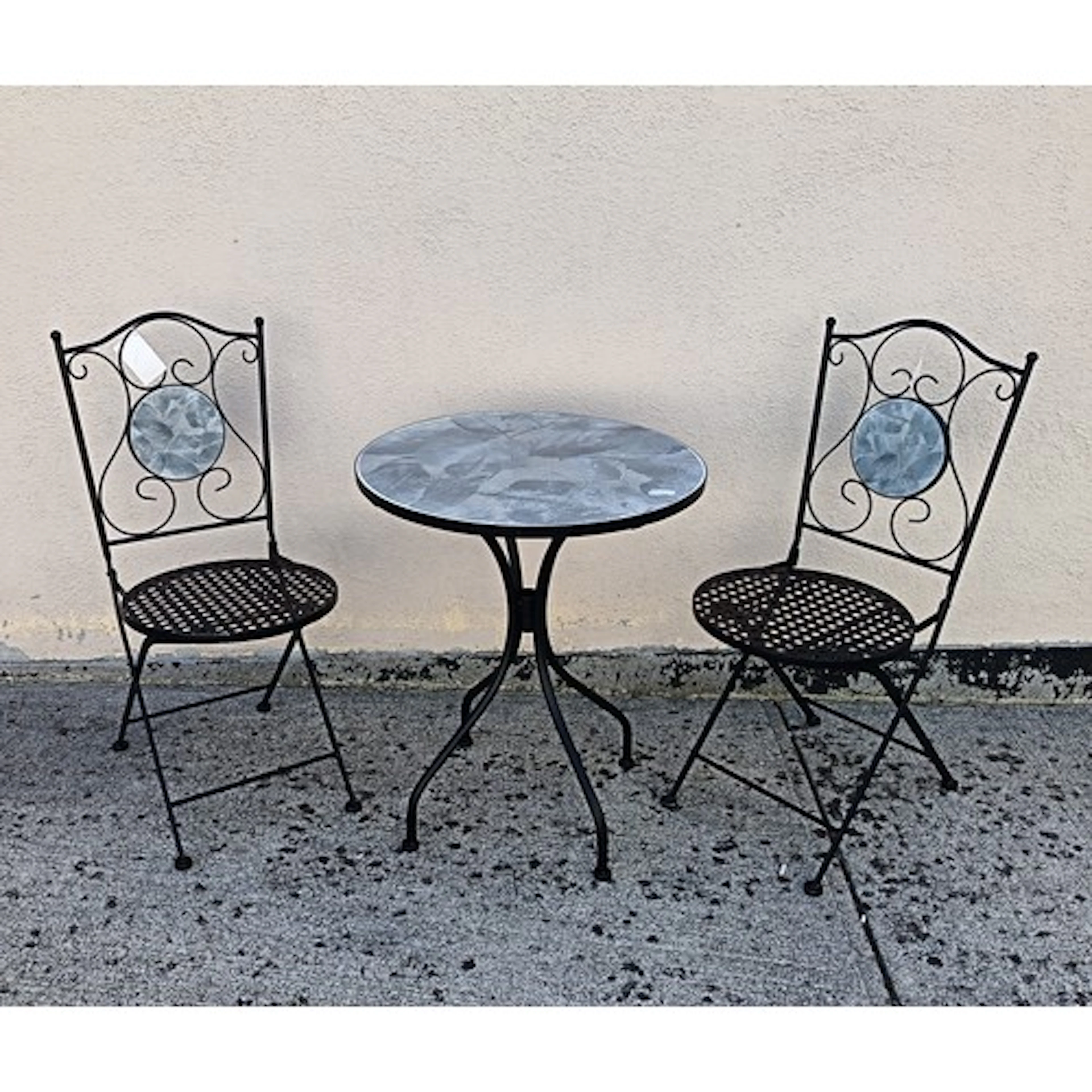 Black Wrought Iron Bistro Set with mosaic top