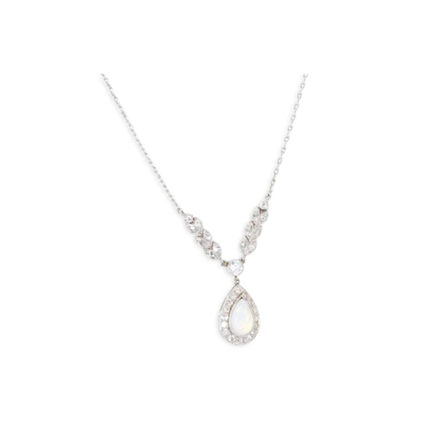 A DIAMOND AND OPAL DROP NECKLACE, mounted in platinum with a...