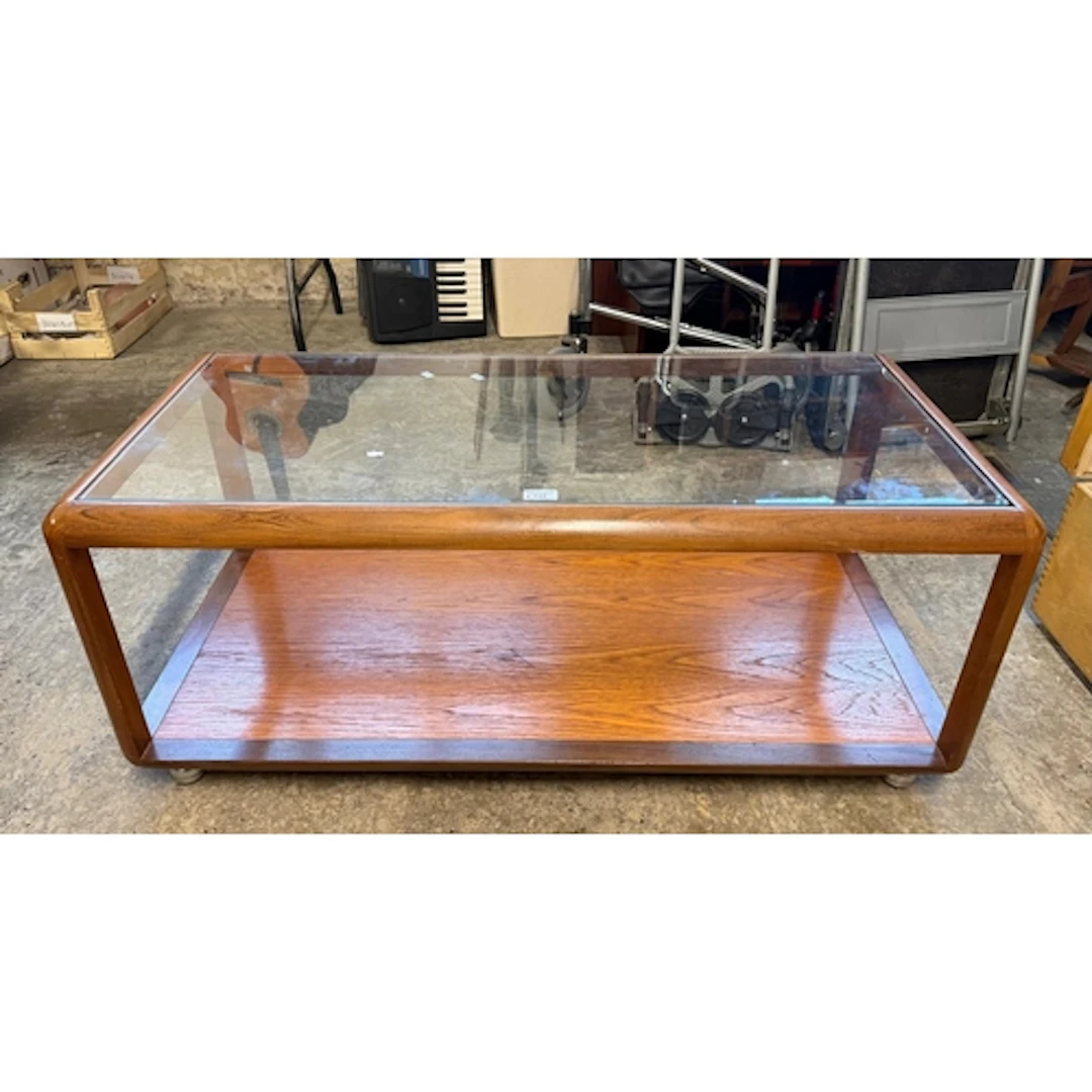 Mid century G Plan teak and glass top coffee table with unde...