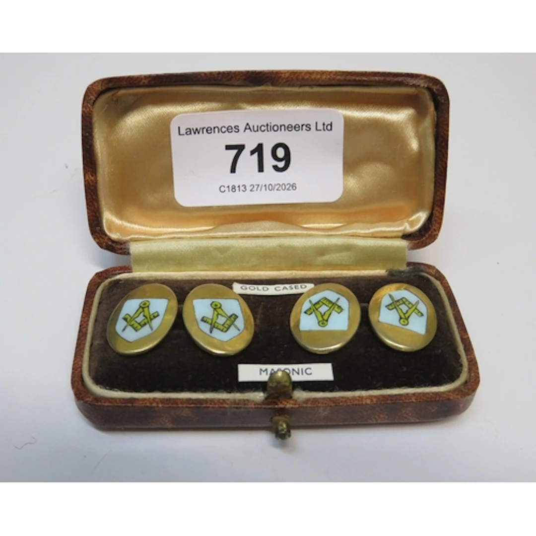 Pair of gold plated enamel decorated Masonic cufflinks, in c...