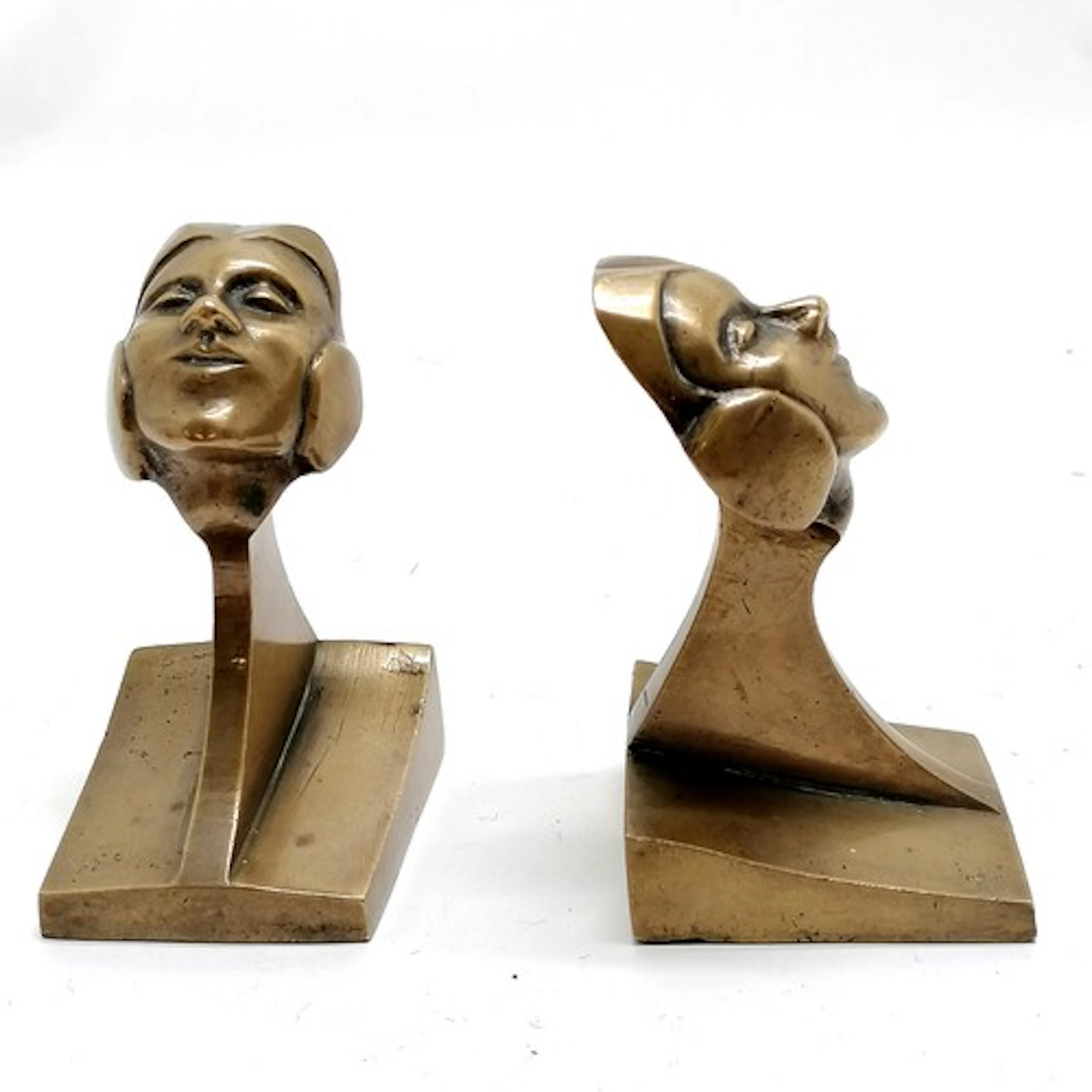 1933 Art Deco bronze cast book ends of stylized female aviat...