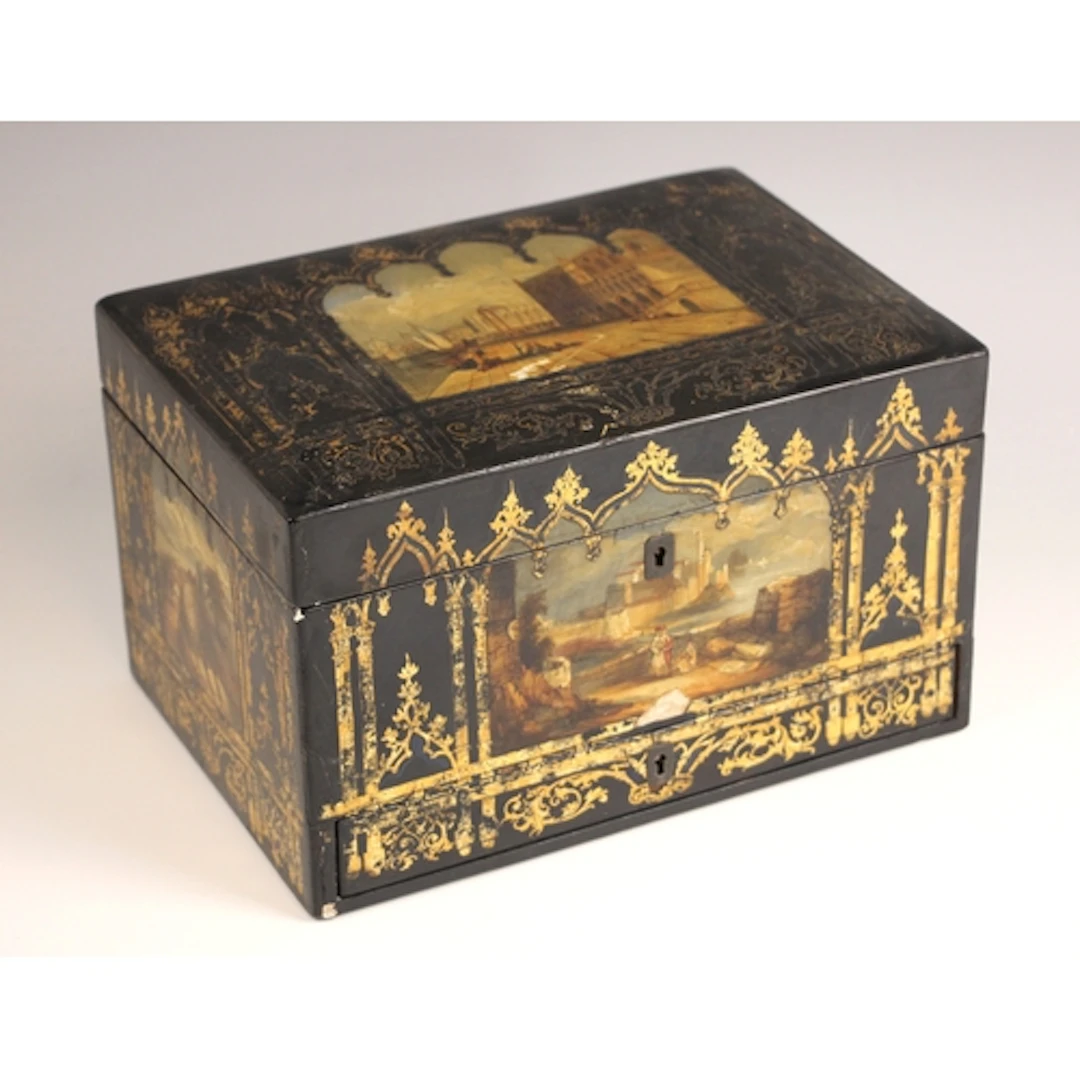 An ebonised and painted sewing box, 19th century, the exteri...