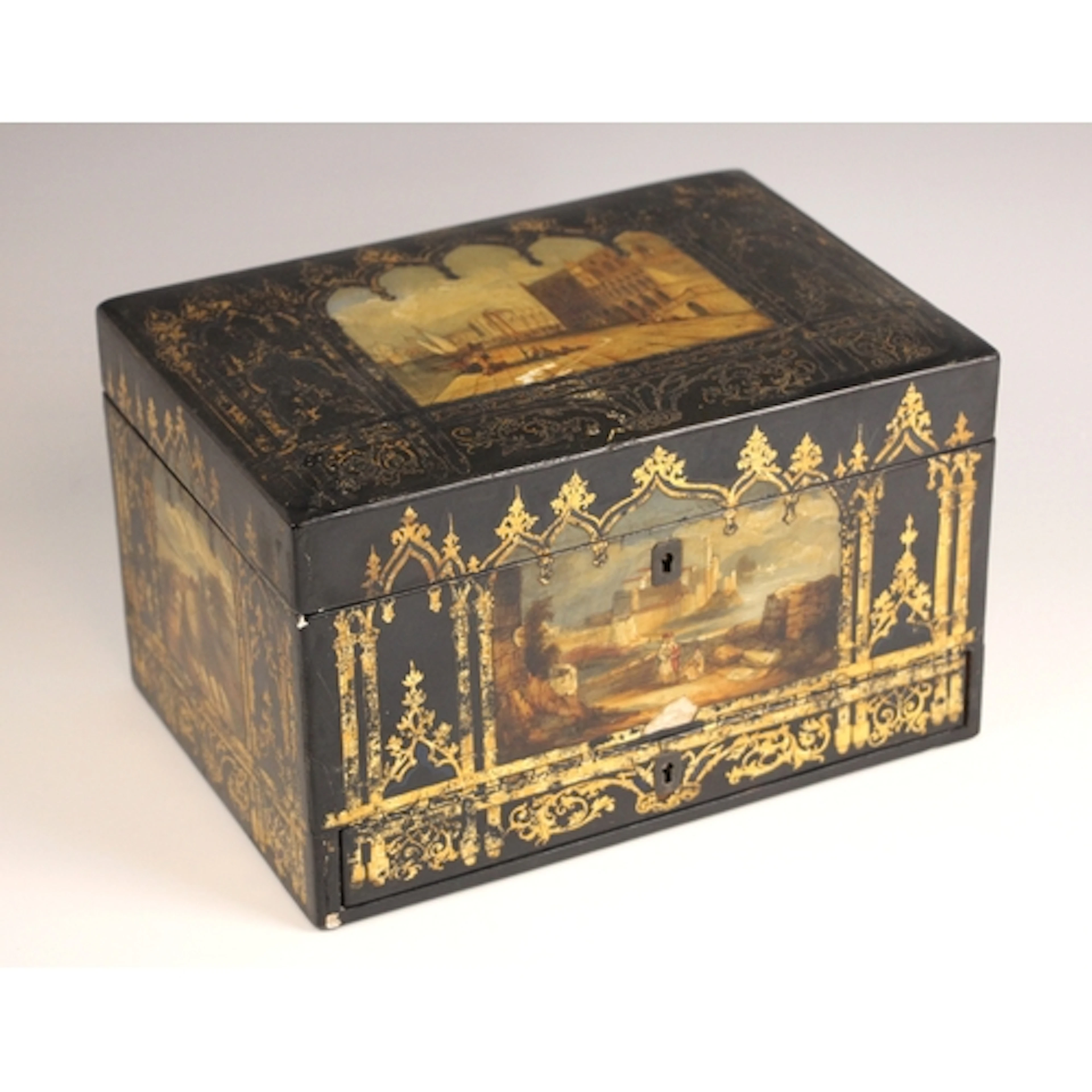 An ebonised and painted sewing box, 19th century, the exteri...