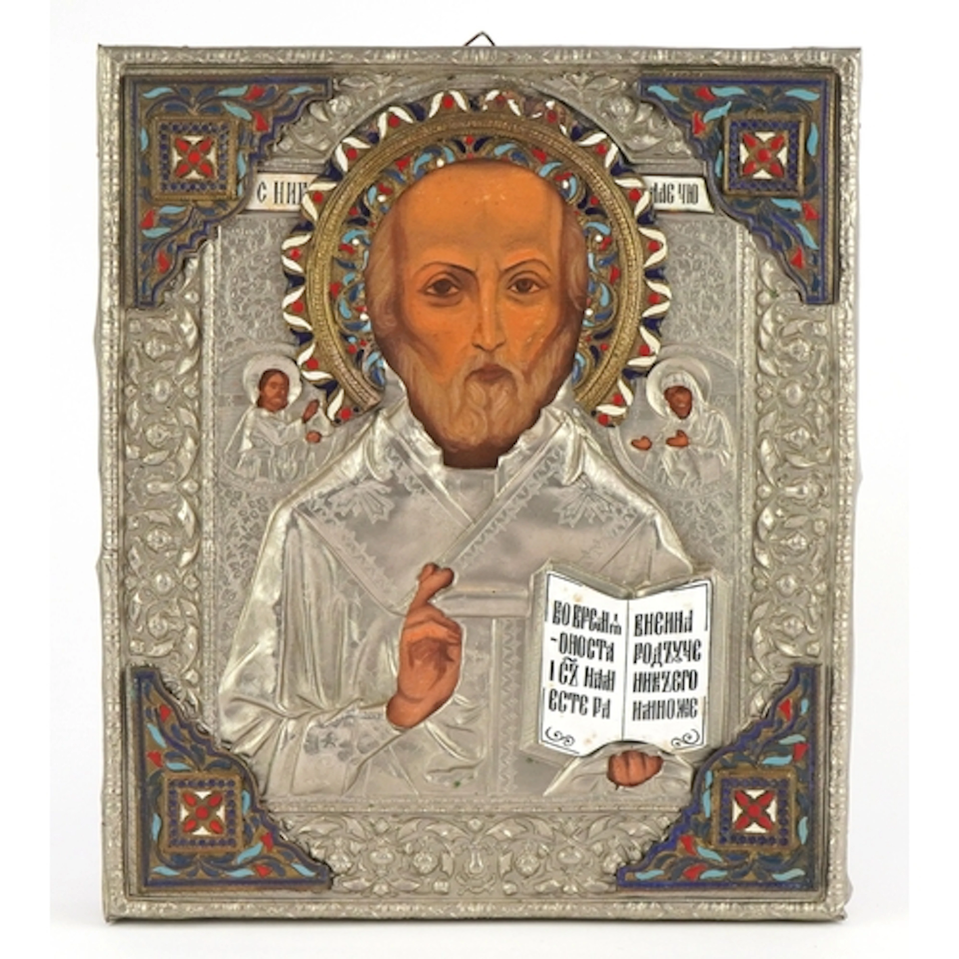 Russian white metal embossed icon with enamel decoration, 30...