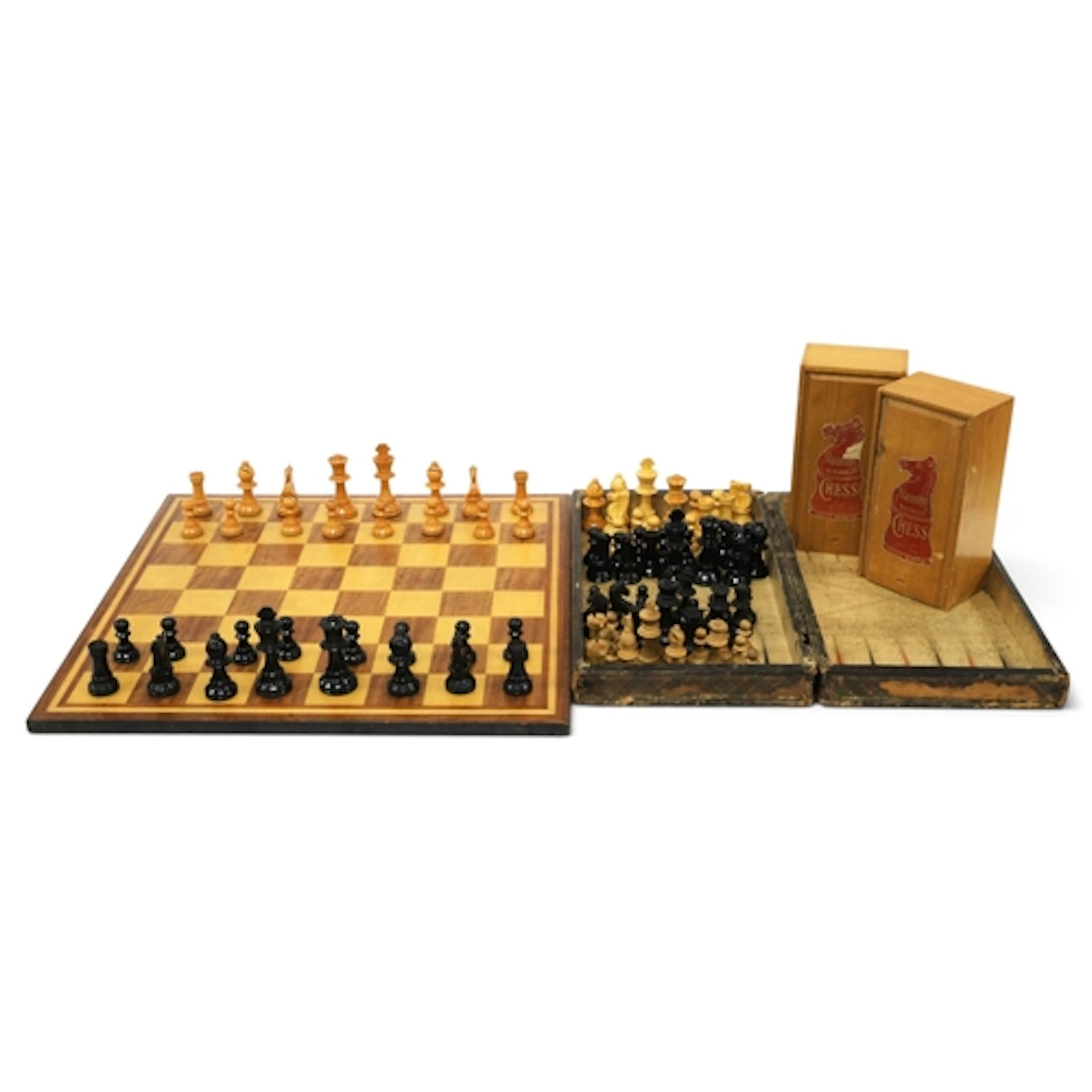 Two Staunton Chess Boxes Containing Full Sets of Turned Wood...