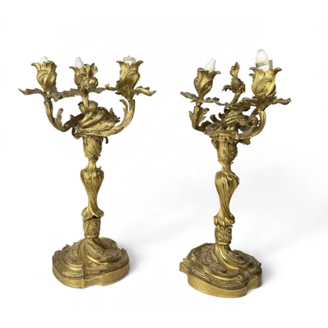 A PAIR OF FRENCH ROCAILLE GILT BRONZE CANDLESTICKS 45cm H...