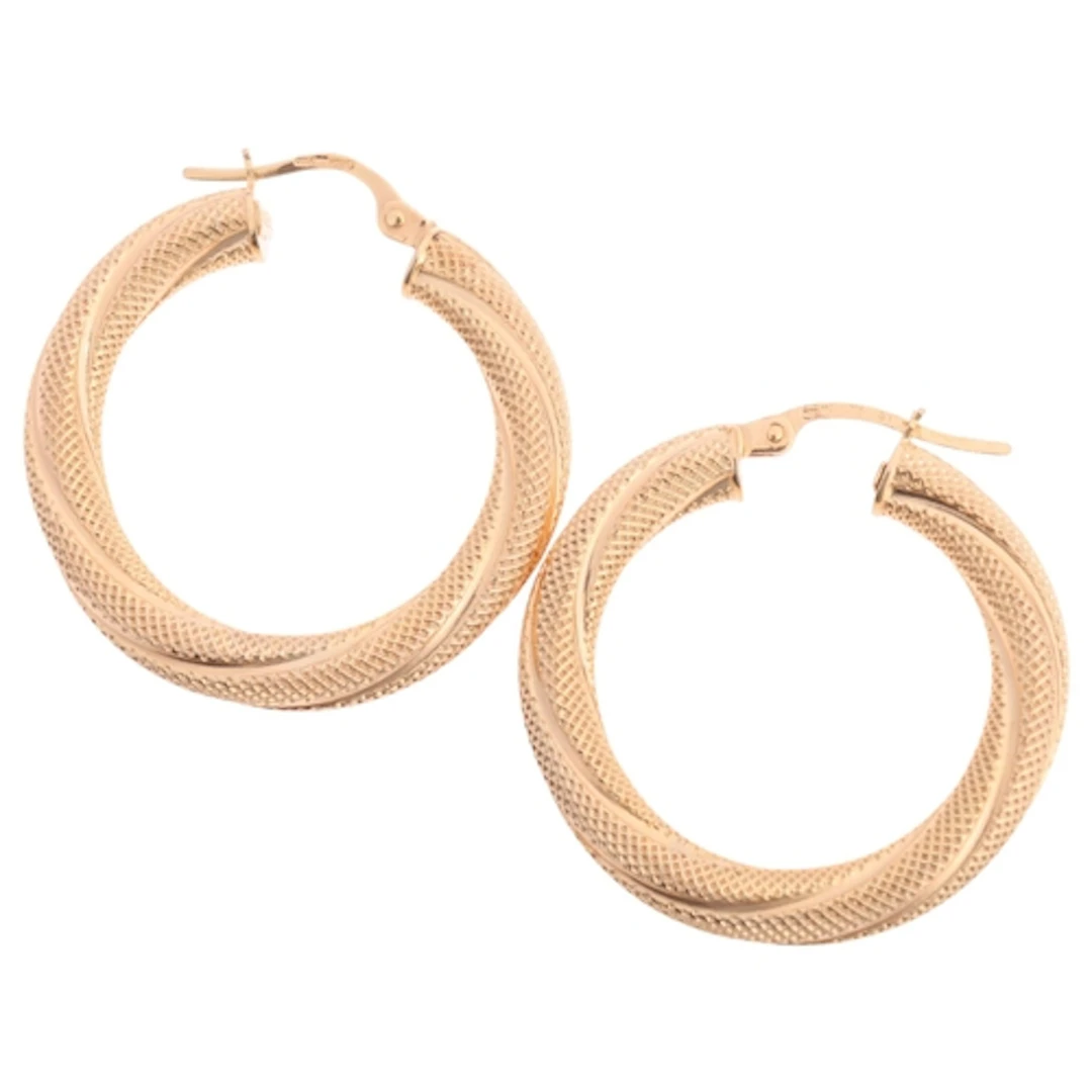 A pair of 9ct gold hoop earrings, textured decoration, with ...