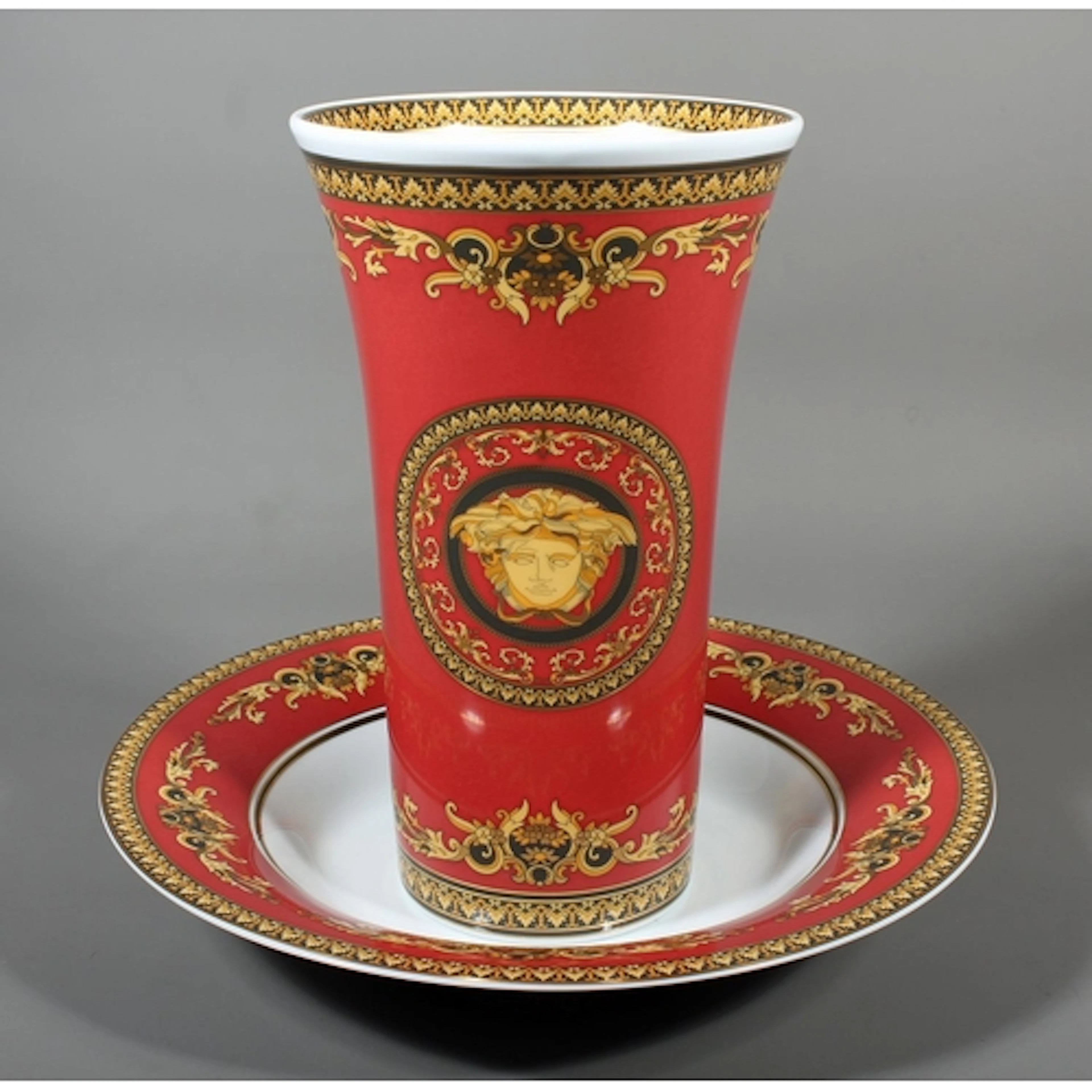 Rosenthal Versace Medusa red, black and gold decoration vase...