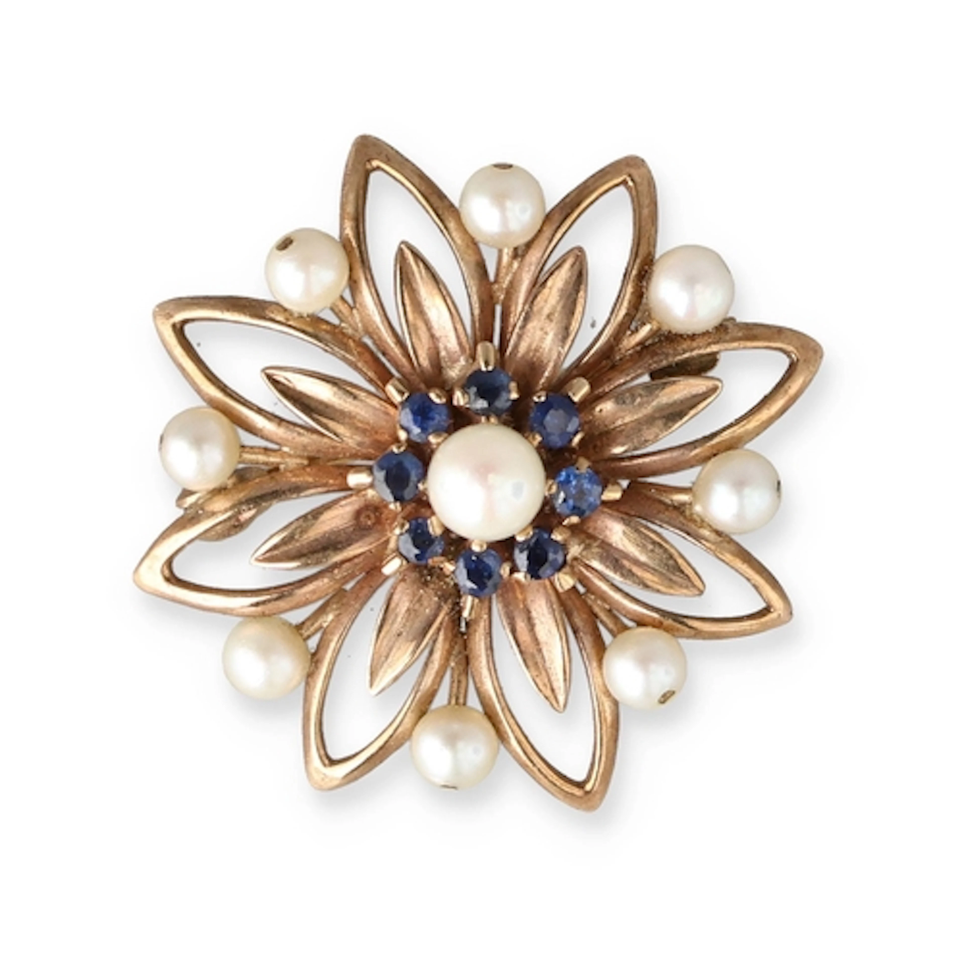 A 9CT GOLD FLORAL BROOCH SET WITH SAPPHIRES AND PEARLS Weigh...
