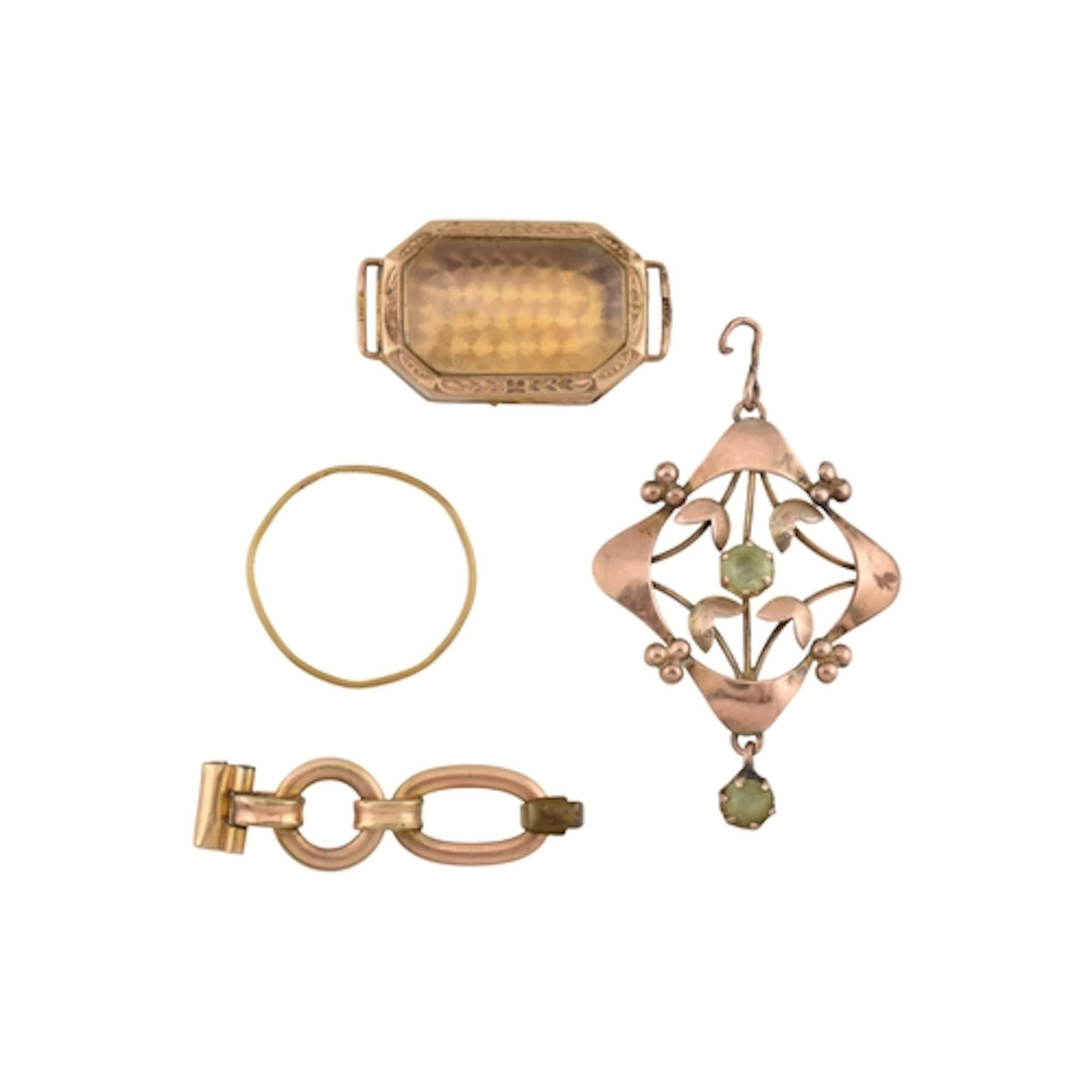 A 9ct gold & green stone Art Nouveau pendant. Stamped 9c...