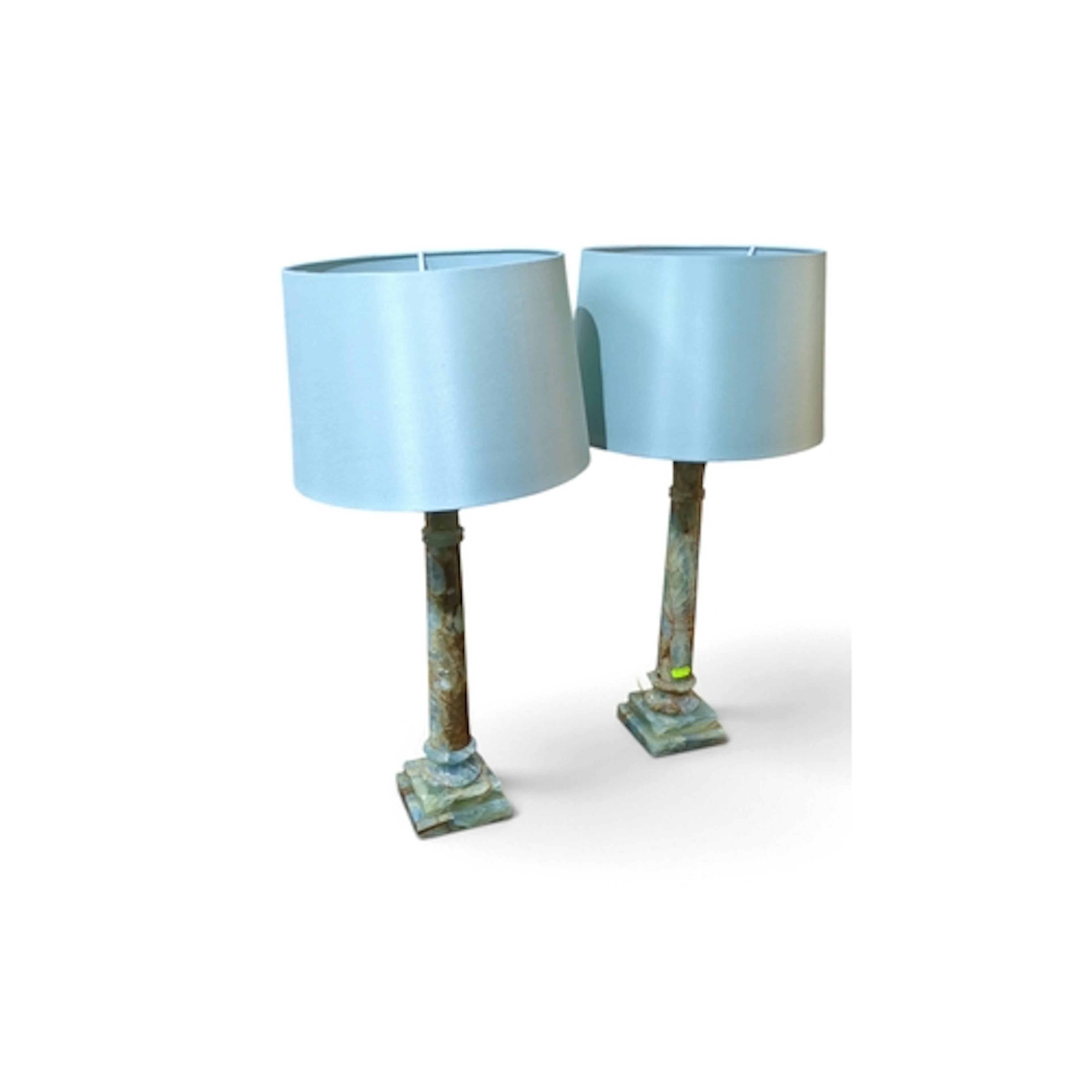 A pair of green onyx column table lamps, each with a turned ...