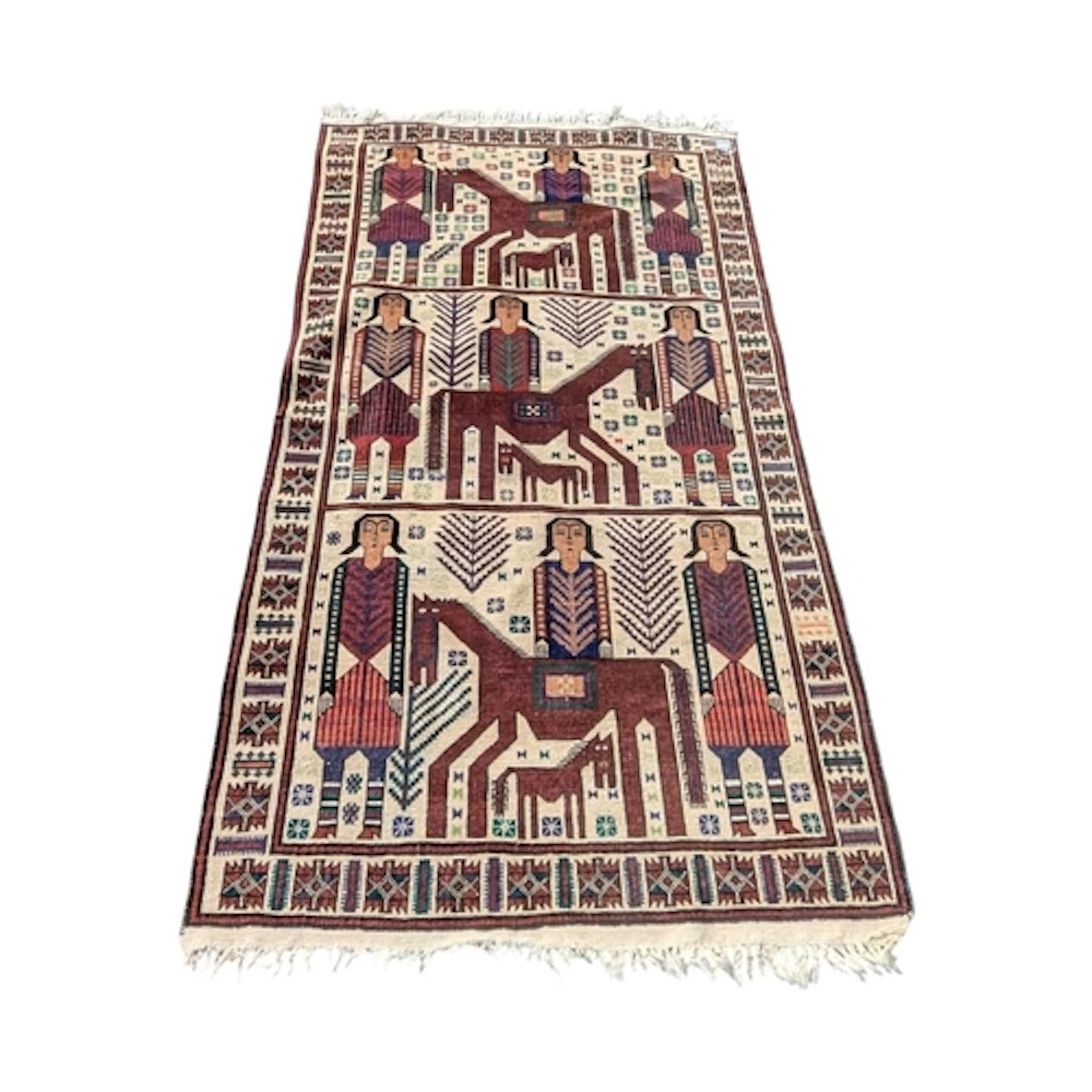 A vintage 20th century Afghan Baluch figural carpet floor ru...