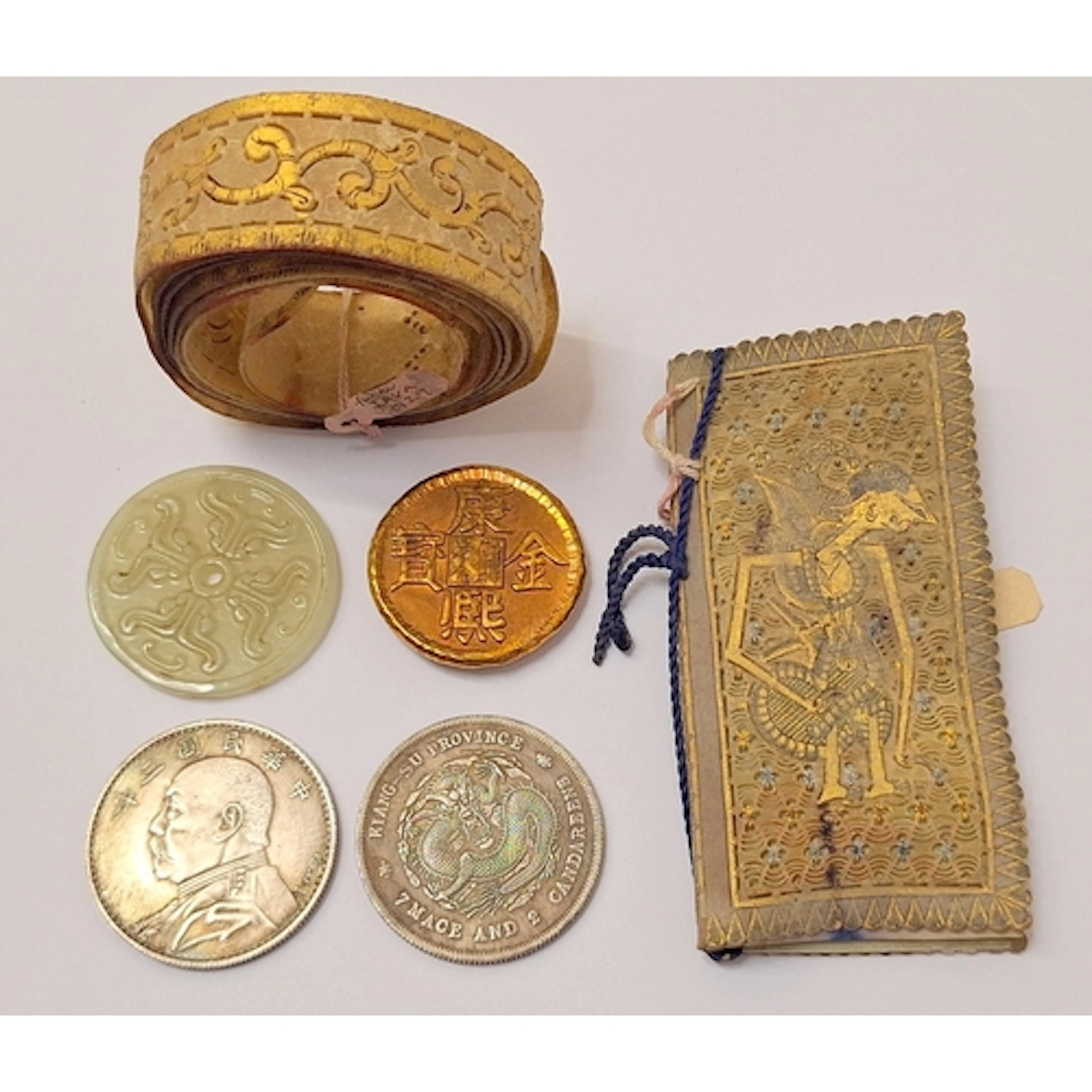 4 Chinese Coins incl. hardstone with archaistic designs, 2 w...