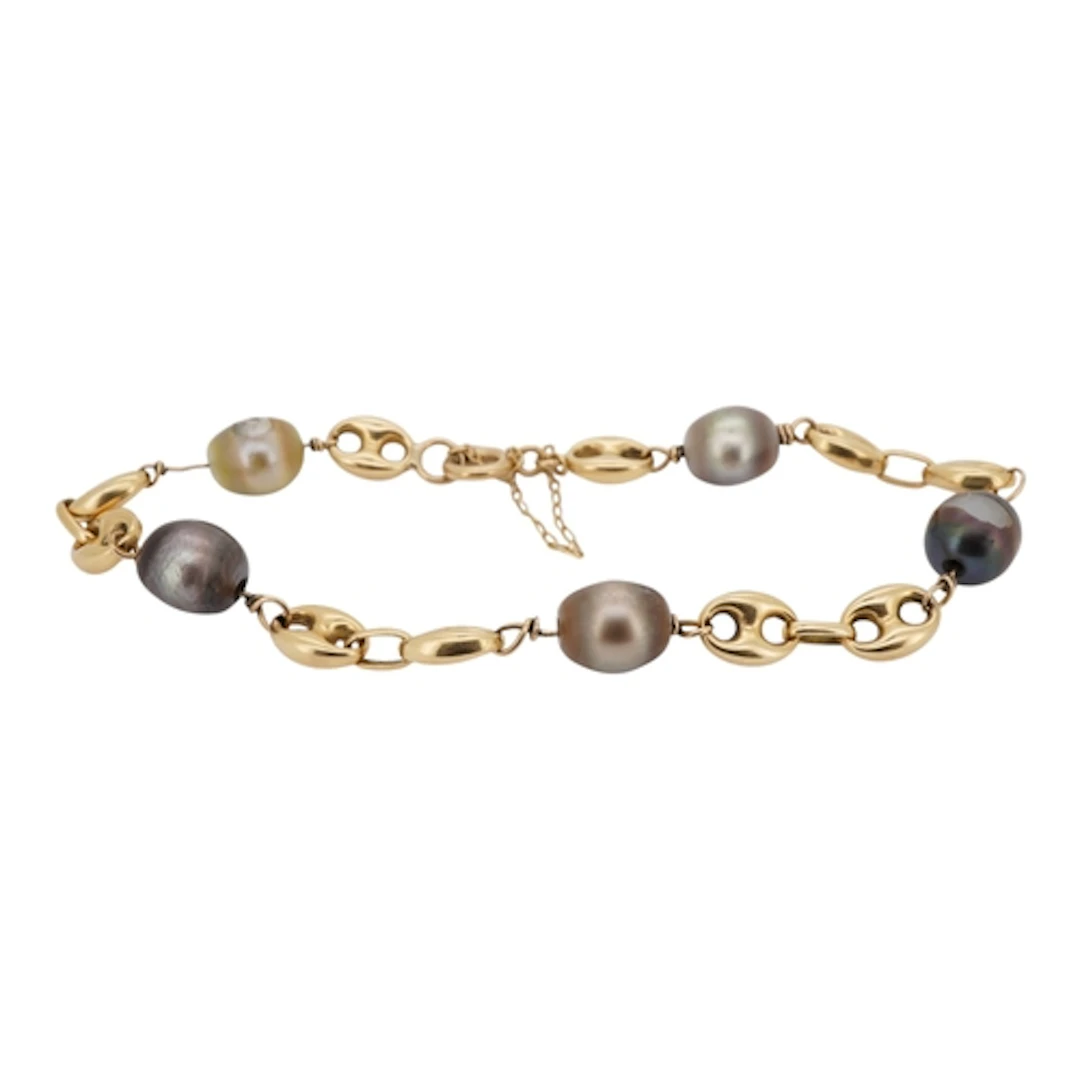 A yellow metal and five stone cultured pearl set bracelet, s...