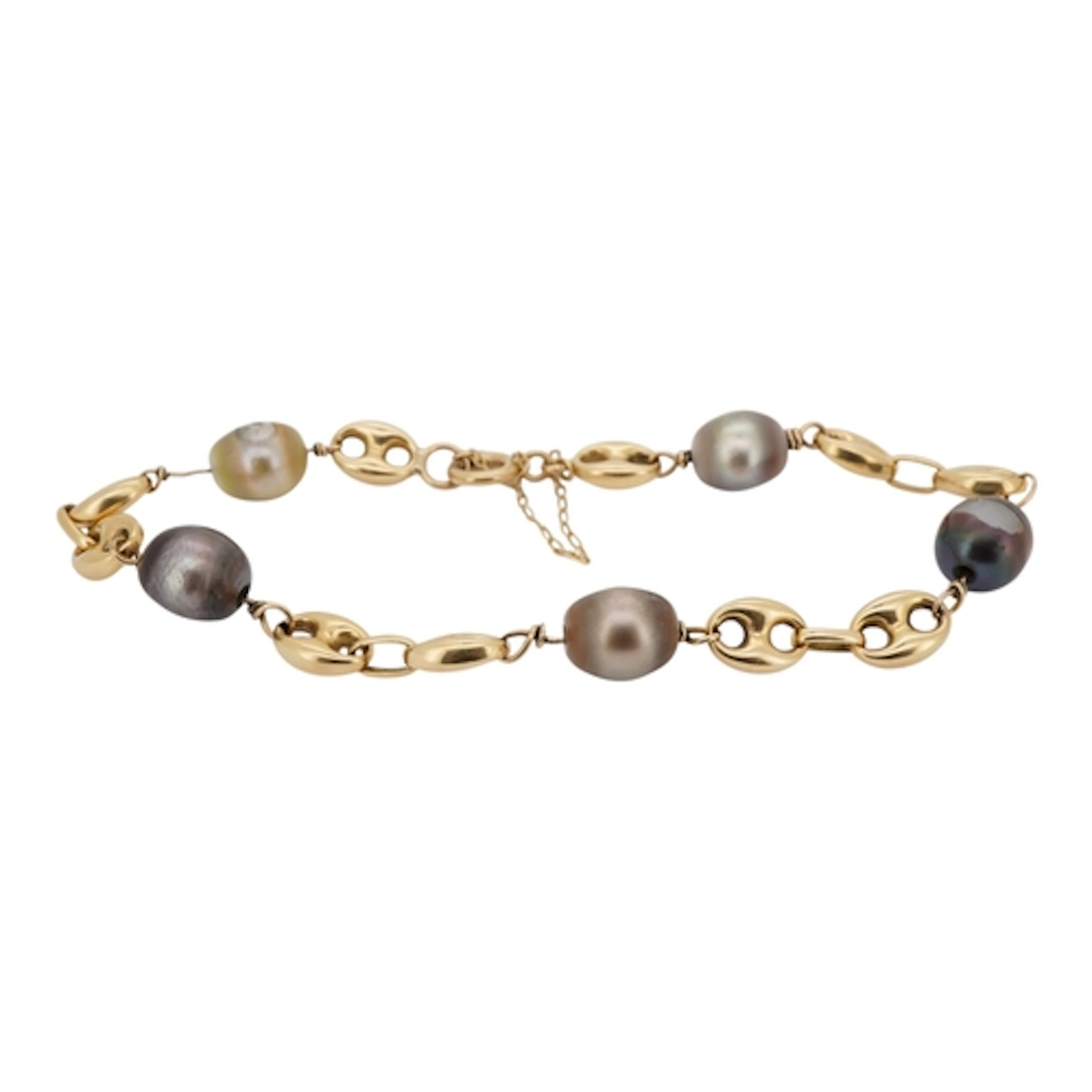 A yellow metal and five stone cultured pearl set bracelet, s...