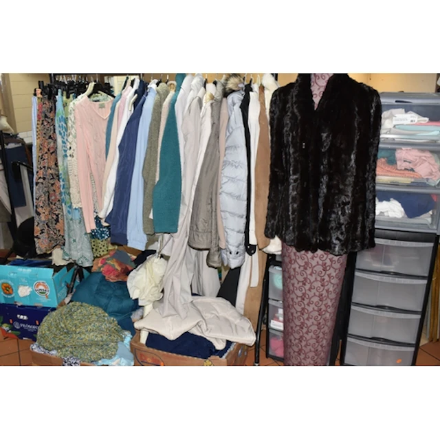 SIX BOXES AND LOOSE WOMEN'S CLOTHES, to include a variety of...