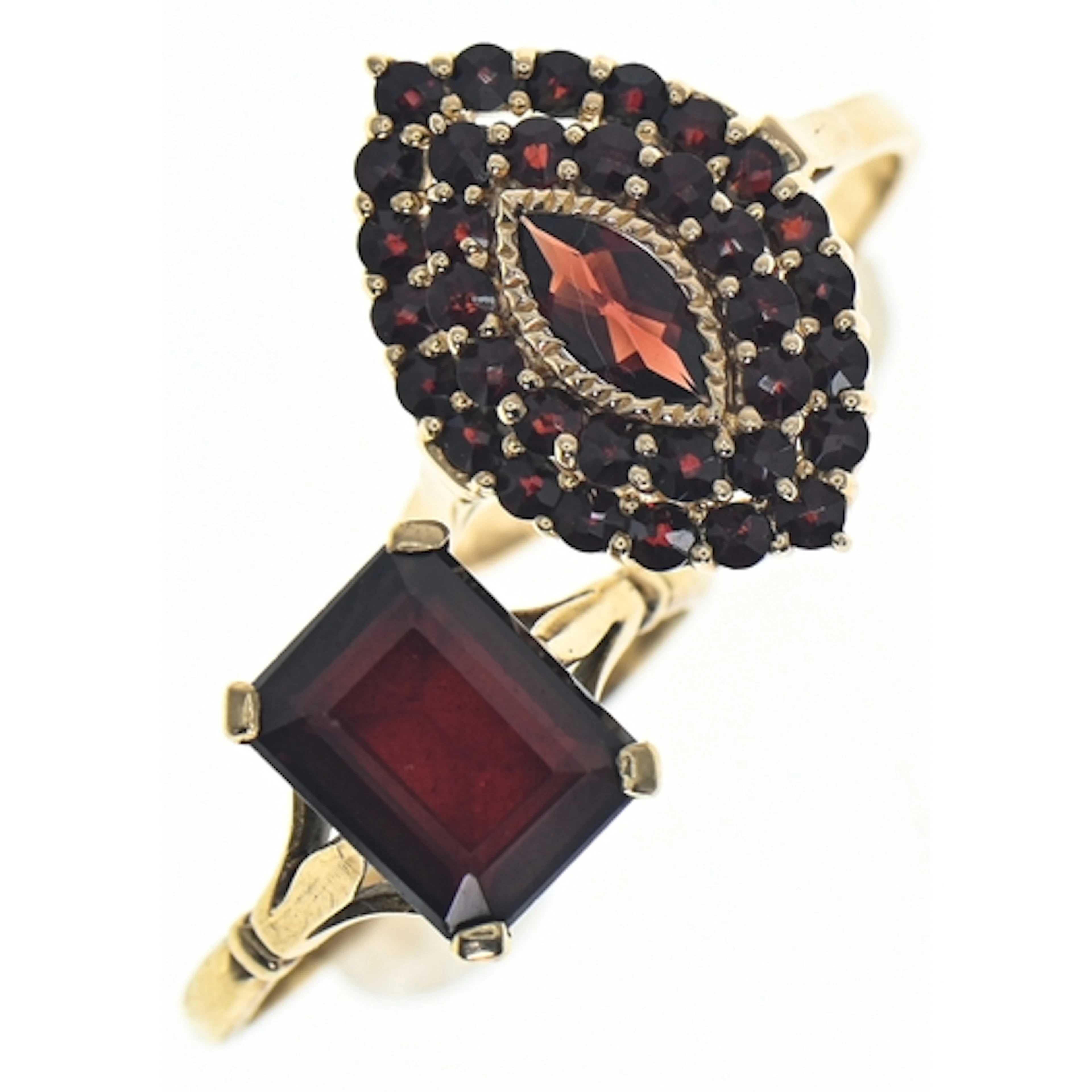 Two 9ct gold and garnet rings, hallmarked, size Q, gross wei...
