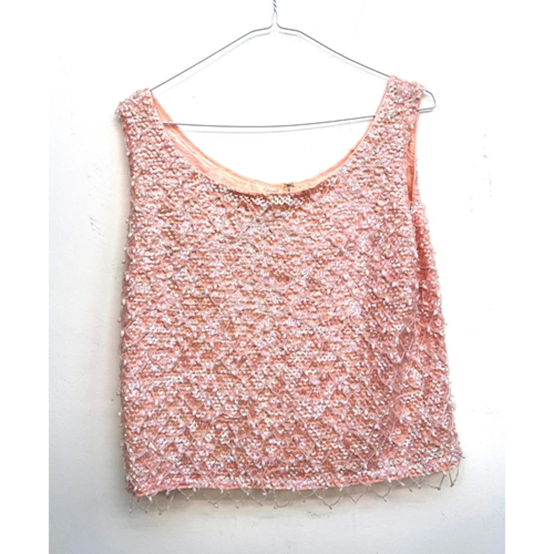 A vintage 1970s Susan Small Casual salmon pink beaded top, s...