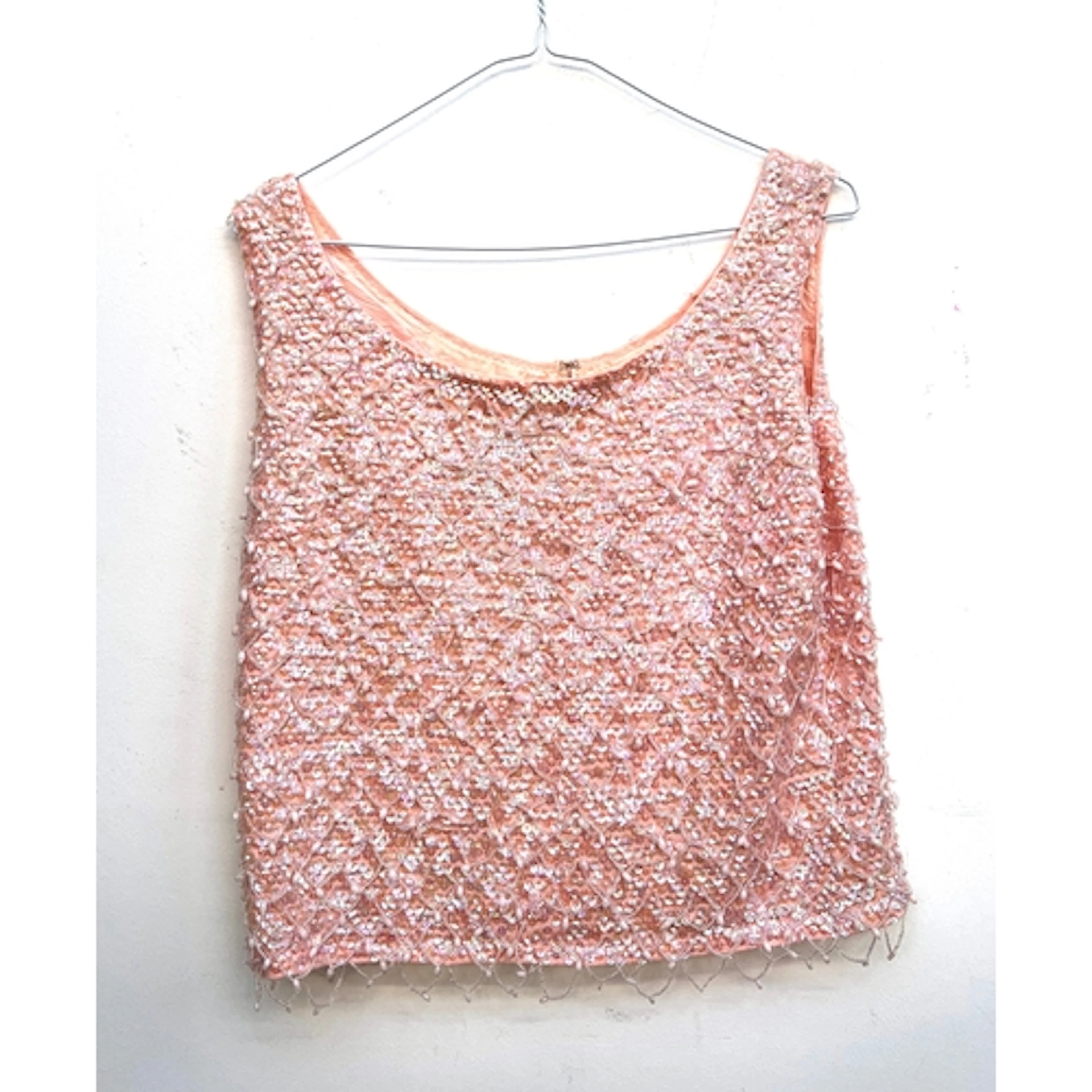 A vintage 1970s Susan Small Casual salmon pink beaded top, s...