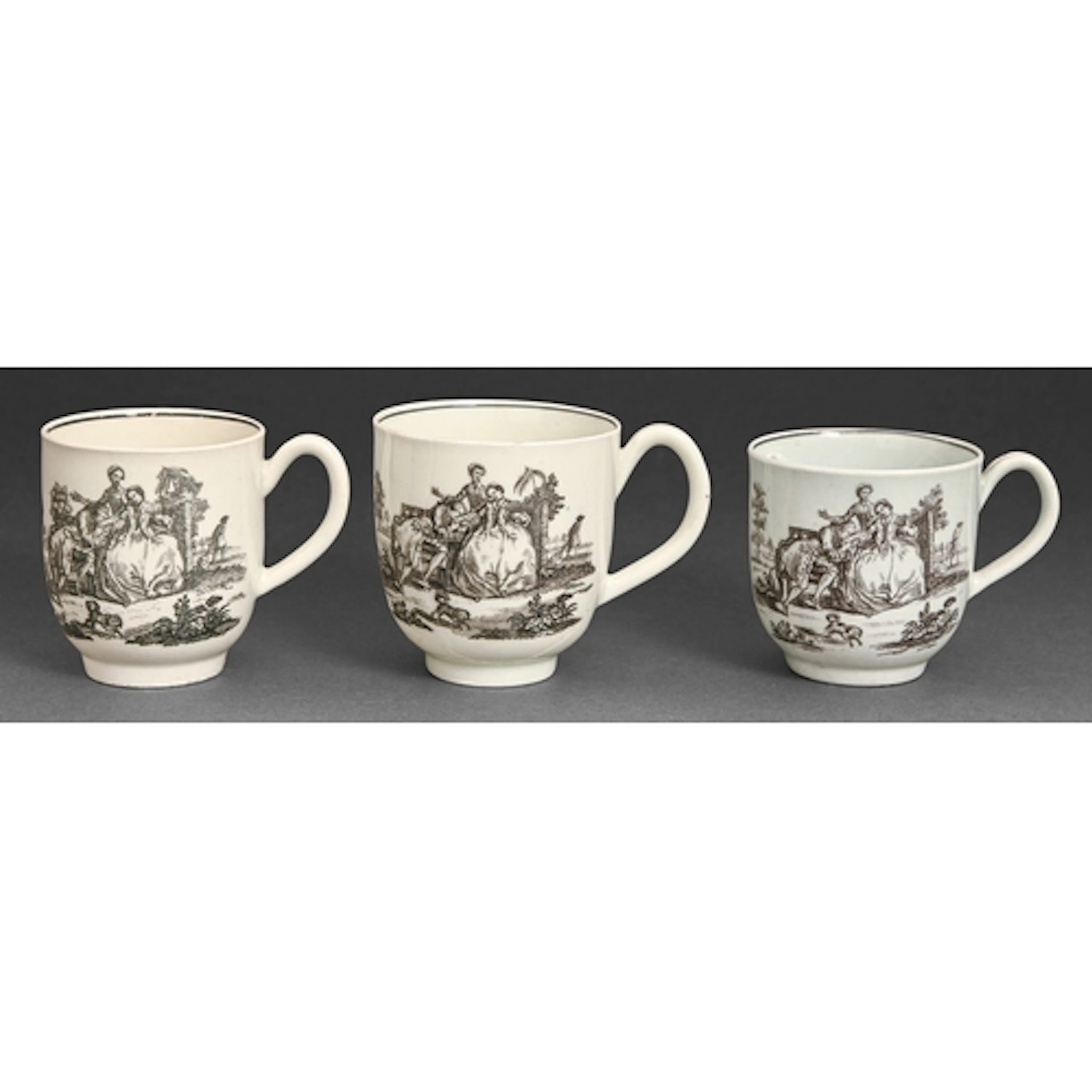 Three Worcester black onglaze transfer printed coffee cups, ...
