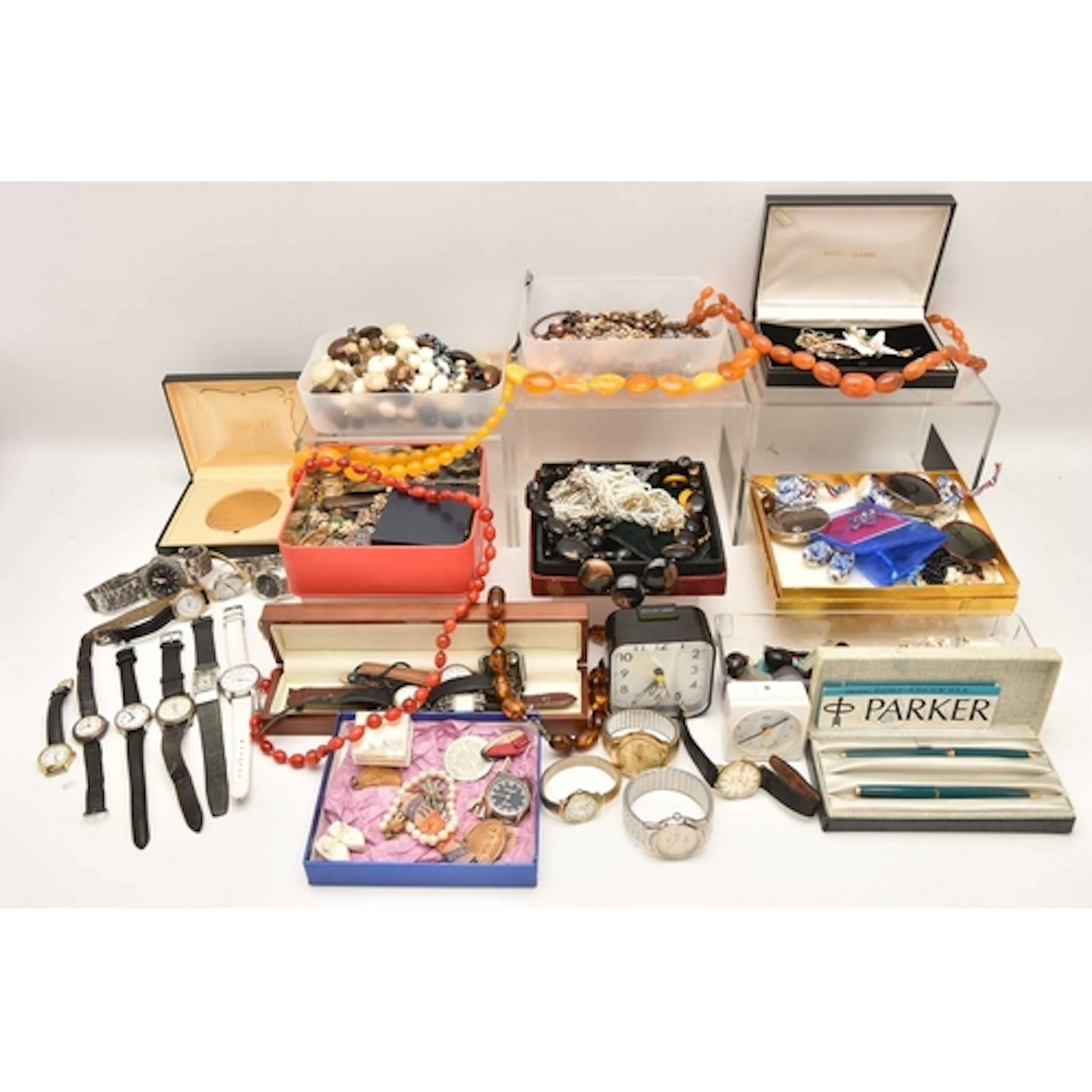 A BOX OF ASSORTED COSTUME JEWELLERY, FASHION WRISTWATCHES AN...