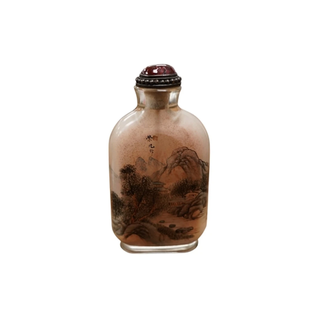A Chinese interior painted glass snuff bottle with cabochon ...