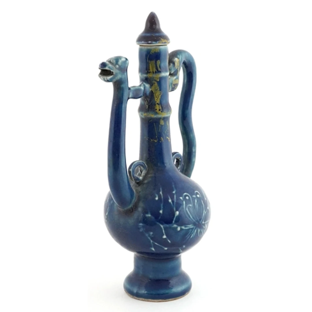 Chinese blue glazed water dropper in the form of a wine ewer...