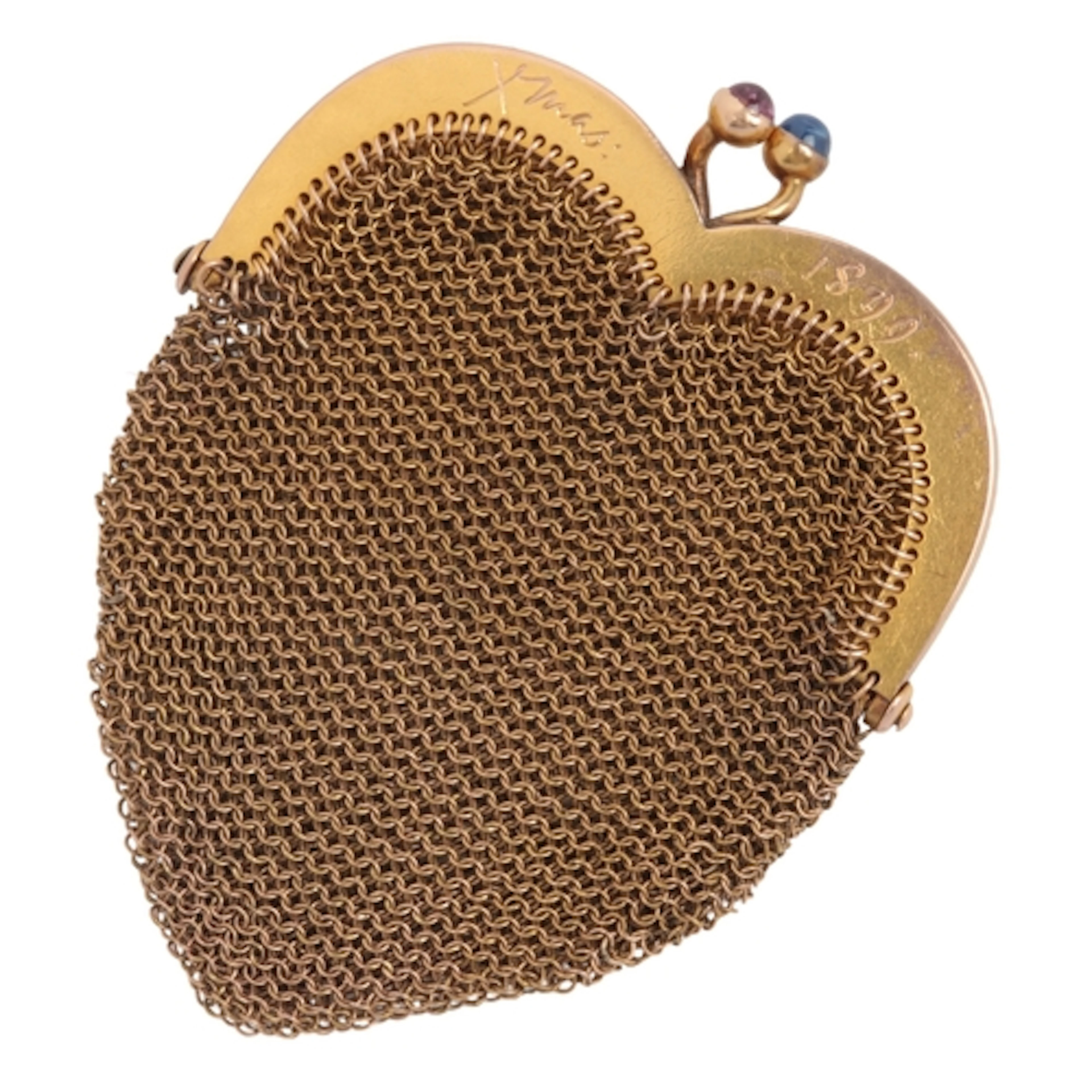 A gold and sapphire novelty coin purse, circa 1899, of heart...