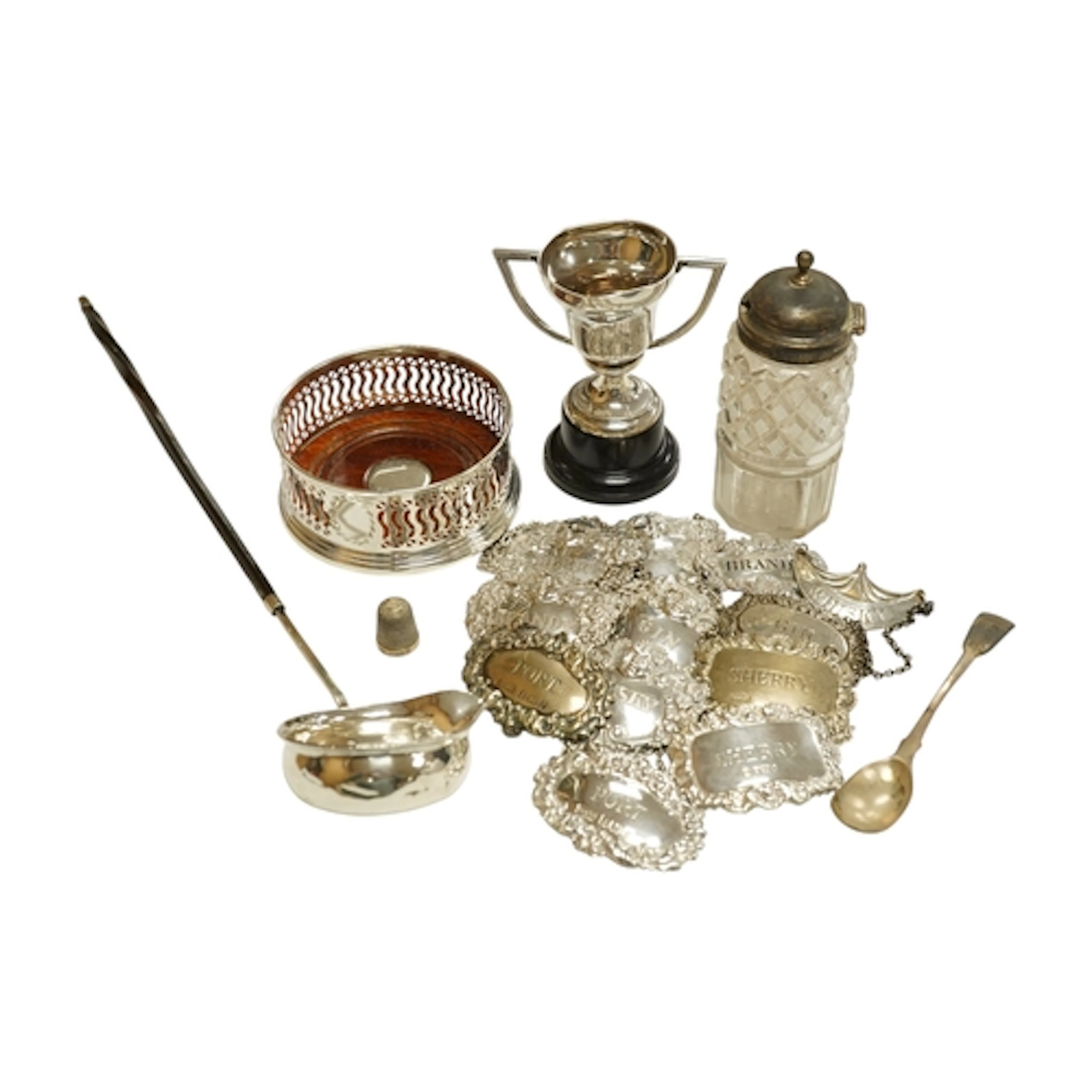 A collection of ten assorted modern silver wine labels inclu...