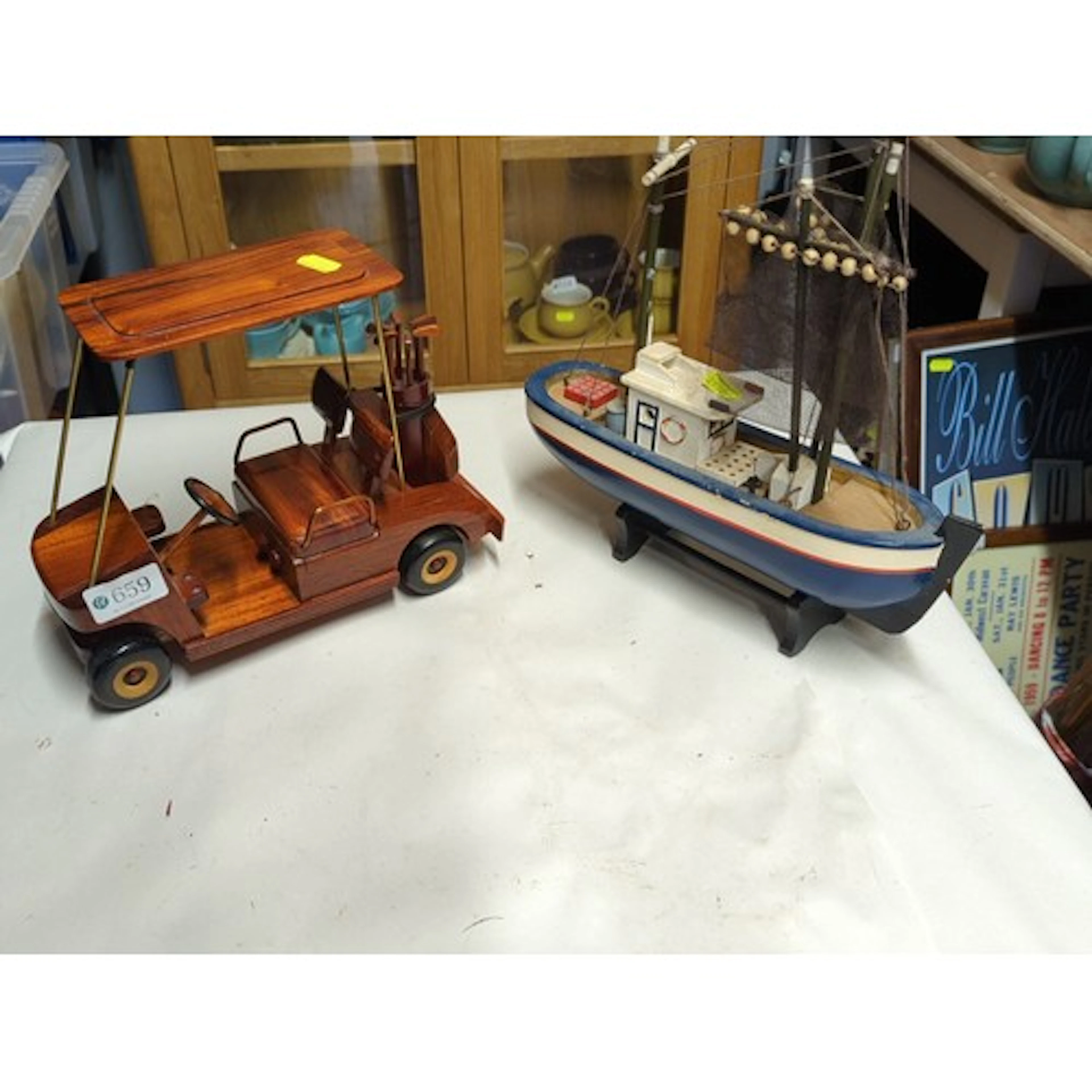 2 handmade wooden models comprising a golf cart with canopy,...