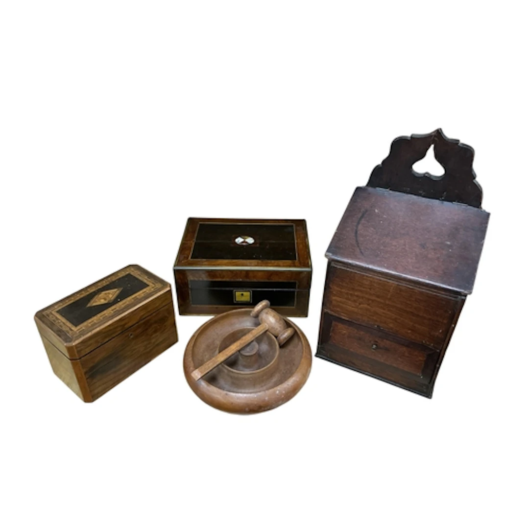 A George III oak hanging candle box, height 42cm, a Victoria...