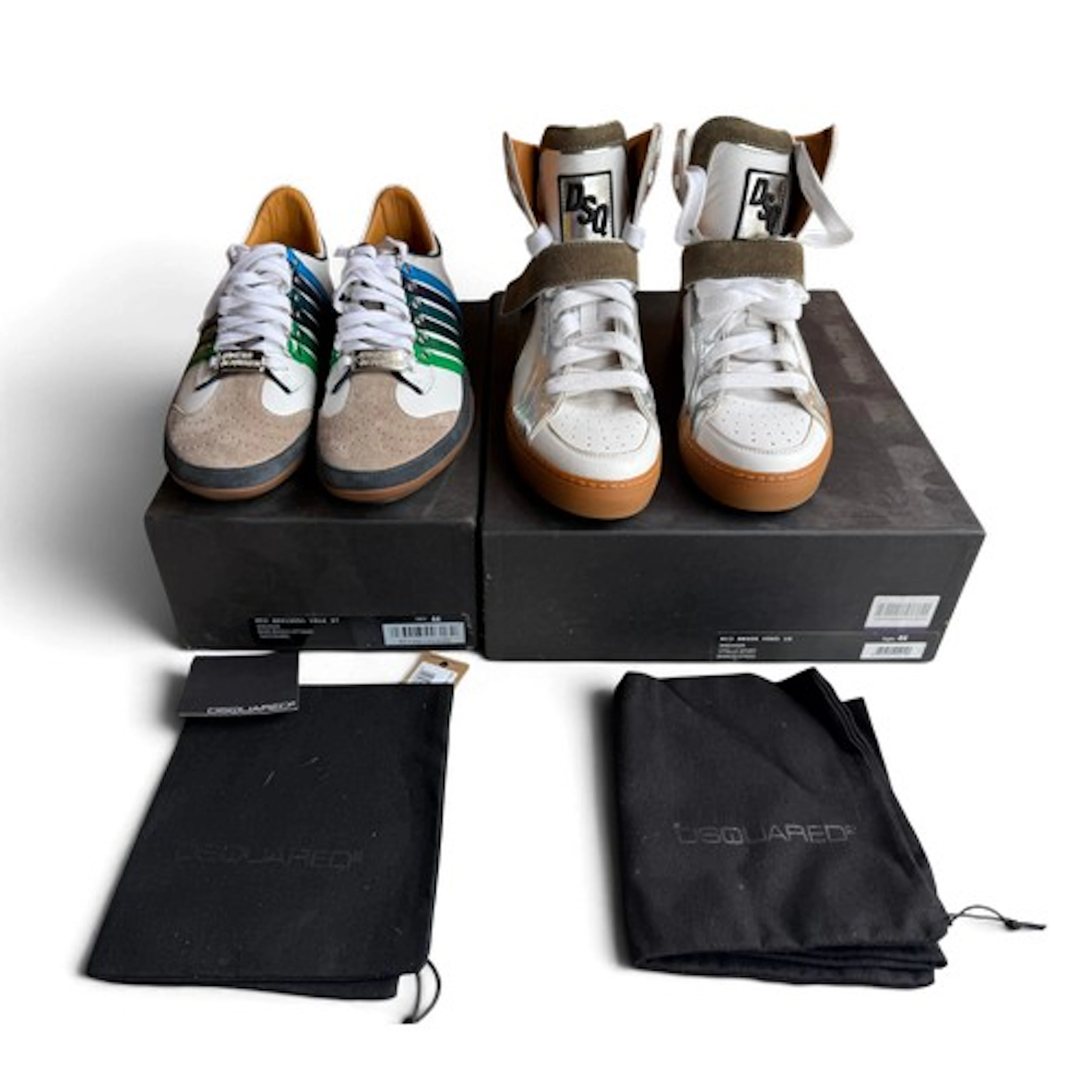 Two pairs of Dsquared2 trainers with boxes and dust bags. Si...