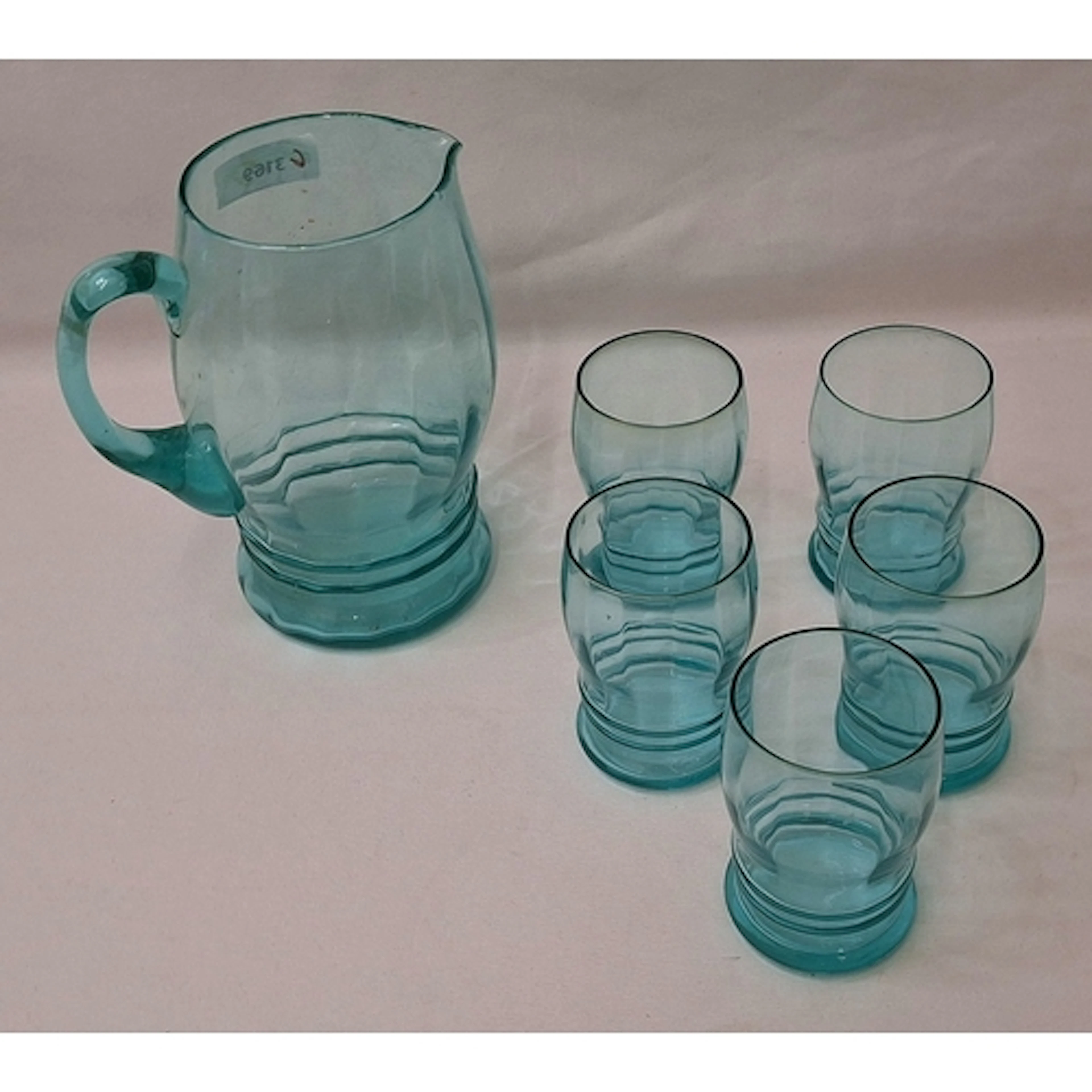 Vintage Pale Turquoise Glass Lemonade Set, pitcher jug & 5 g...