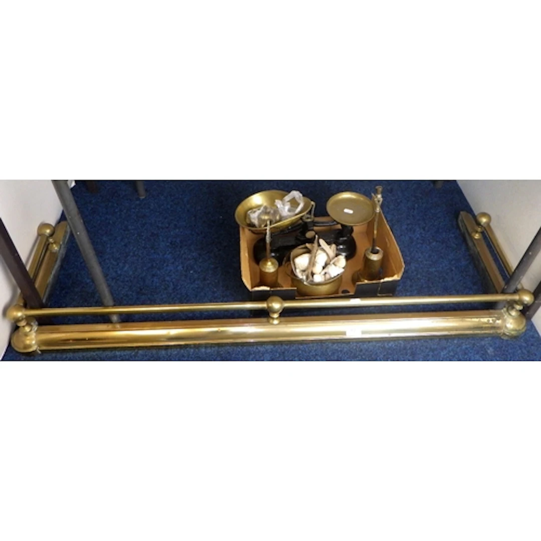 A brass fire curb, scales, shells etc