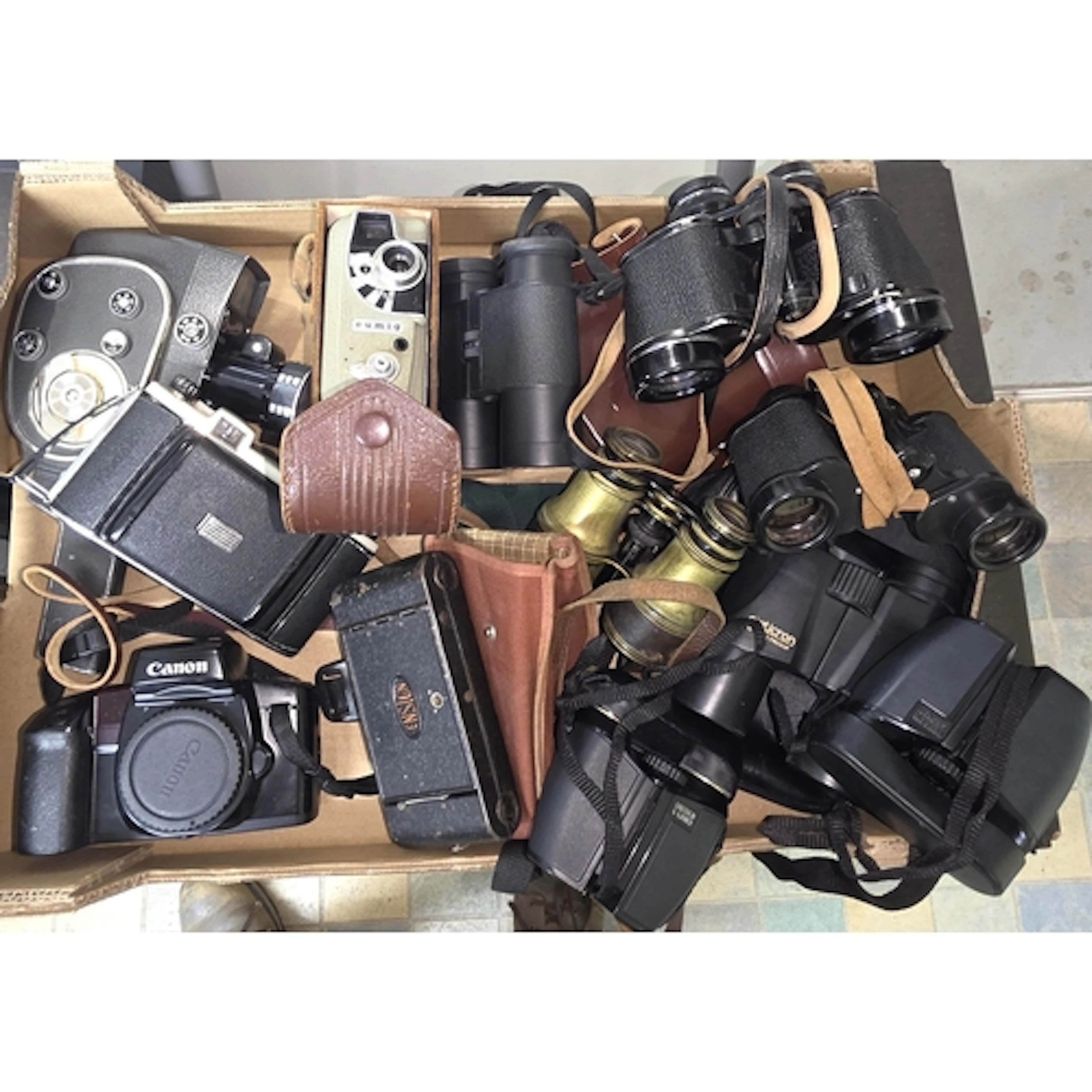 A Canon EOS 100 camera body, various binoculars including tw...