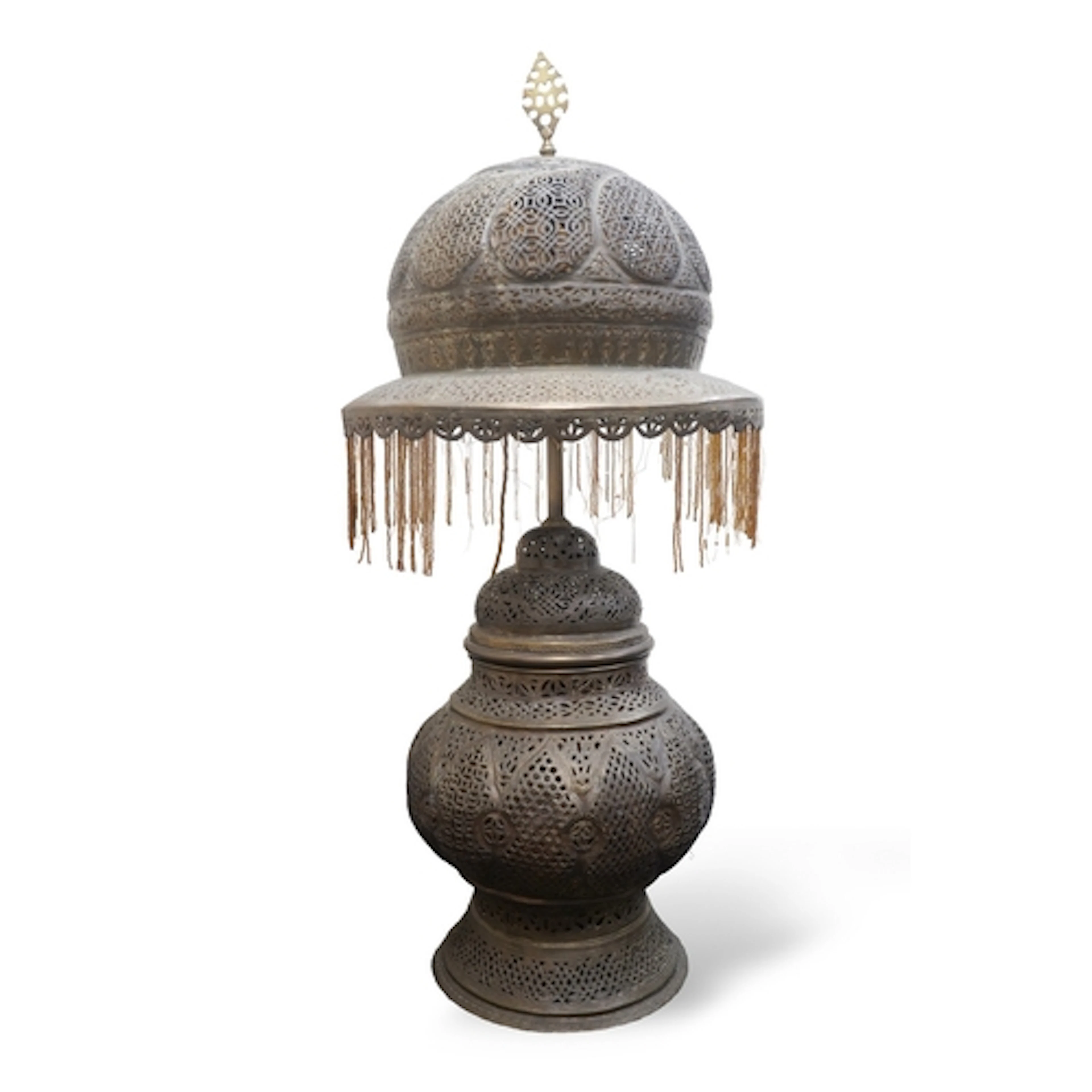 A large Moroccan pierced brass lamp and shade, 20th century,...