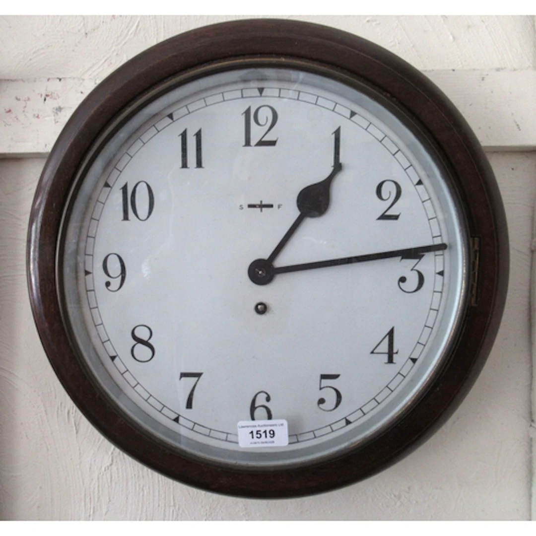 Mid 20th Century mahogany circular wall clock with war depar...