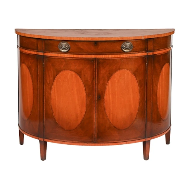 A mahogany and satinwood demi lune commode, early 20th c, wi...