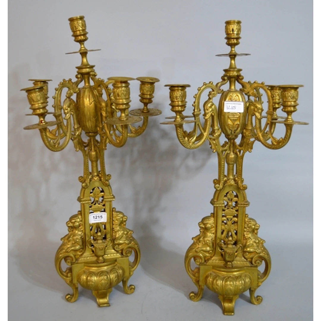 Pair of late 19th / early 20th Century gilt brass five light...