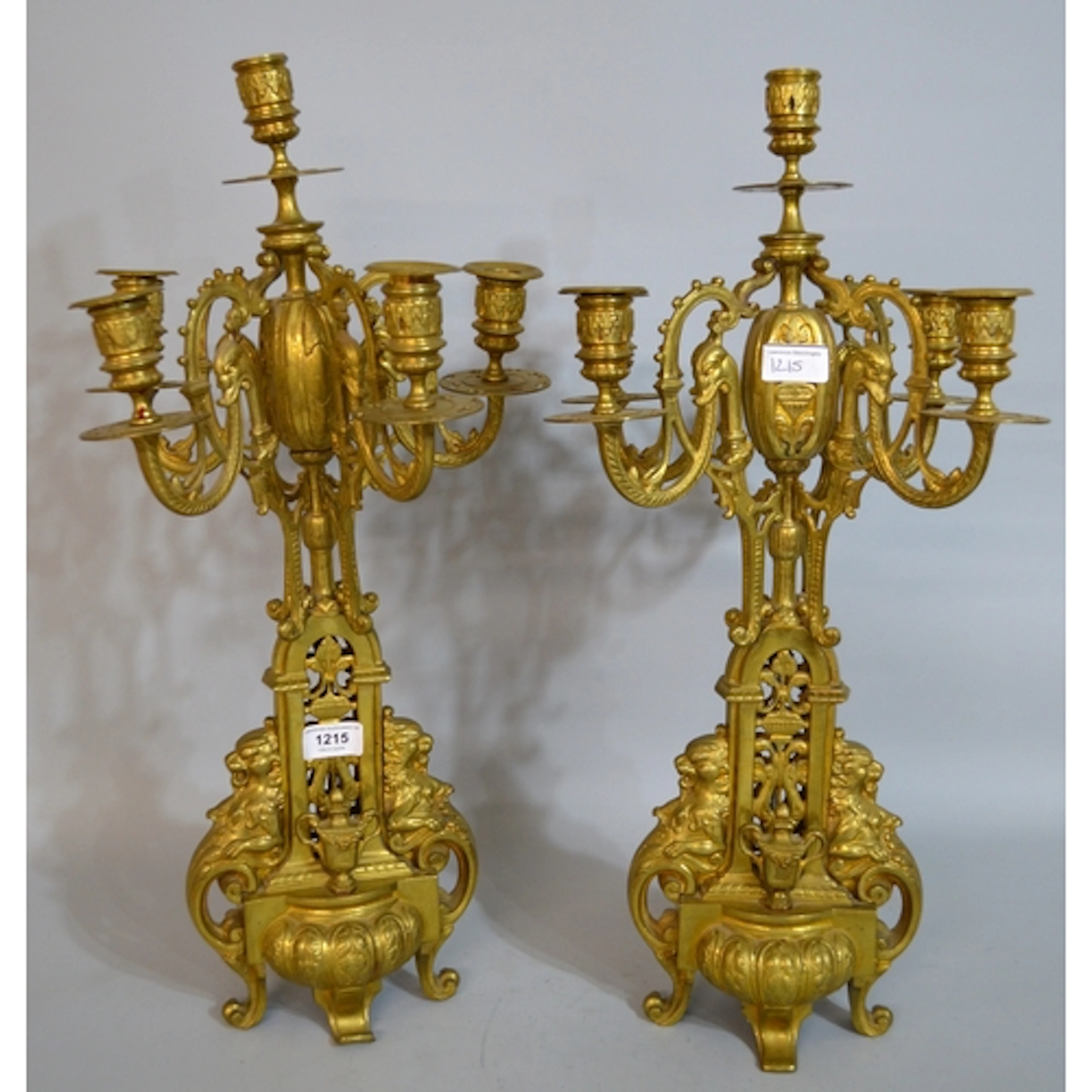 Pair of late 19th / early 20th Century gilt brass five light...