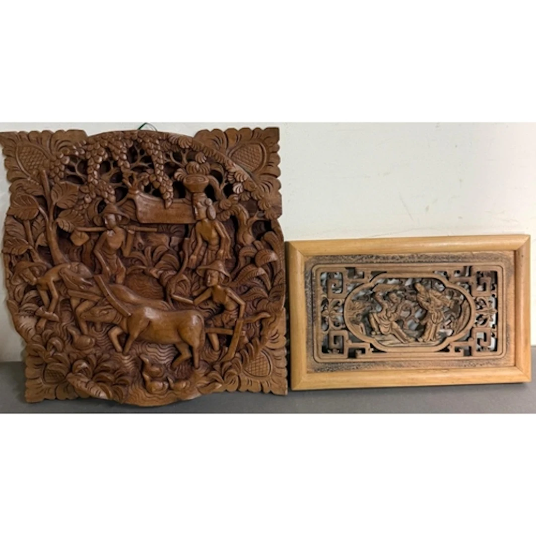 Two Chinese wooden carved wall having reliefs depicting trad...