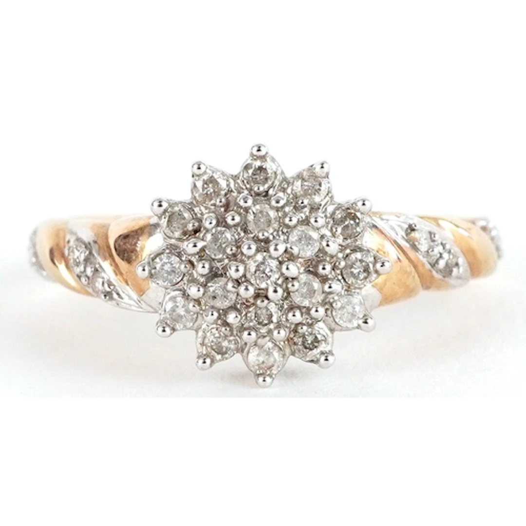 9ct gold diamond three tier cluster ring with diamond set sh...